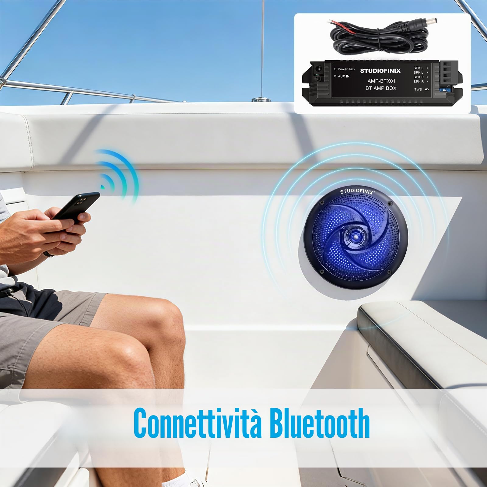 STUDIOFINIX 5,25" 160W Altoparlanti marini Bluetooth impermeabili, a 2 vie con luci LED e design sottile, per barca, camper, ATV, UTV, carrello da golf (1 coppia, Nero)