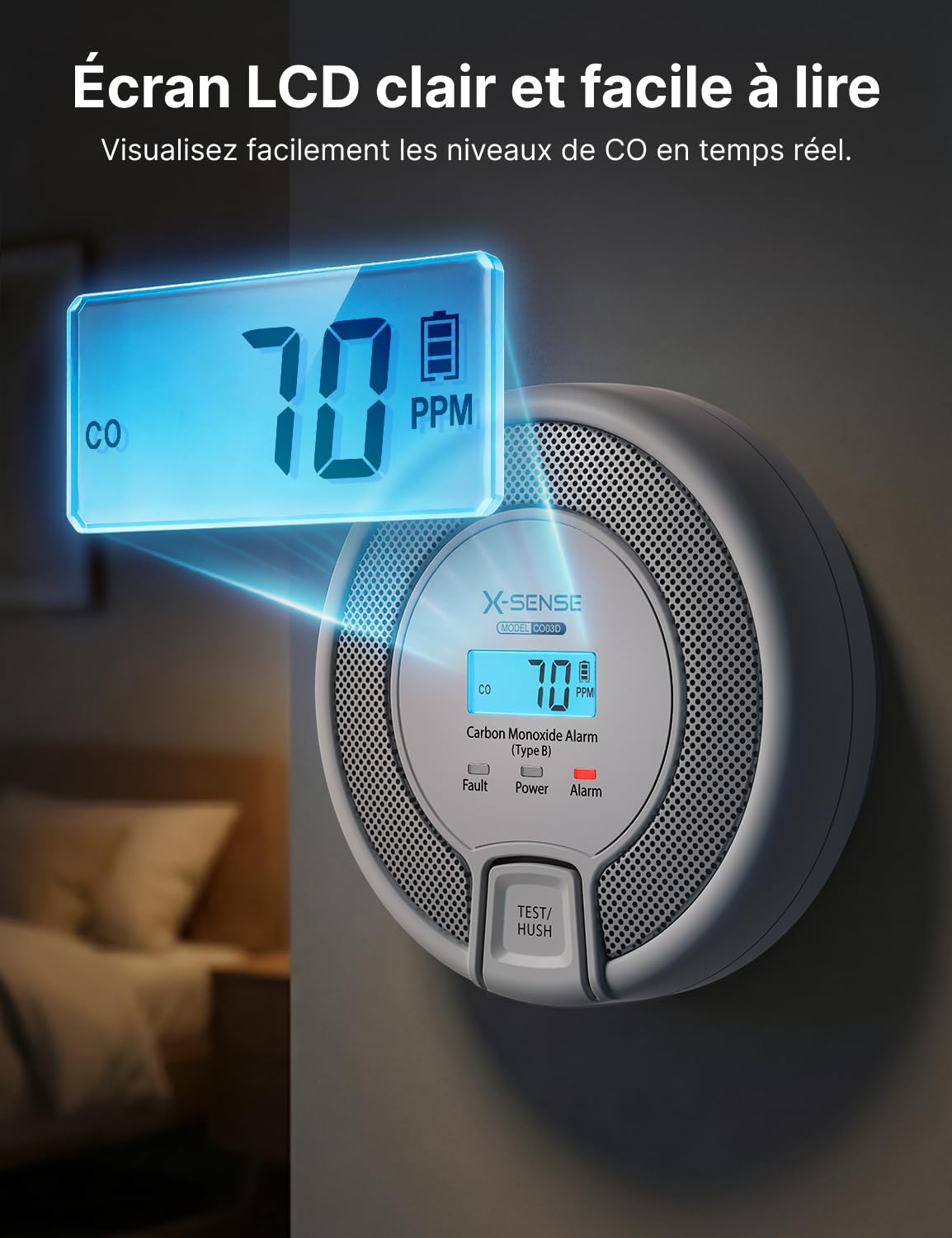 X-Sense Détecteur de Monoxyde de Carbone Autonome avec Affichage Numérique, Capteur Précis avec Une Durée de Vie de 10 Ans, Batterie Remplaçable, Conforme à la Norme EN50291, CO03D