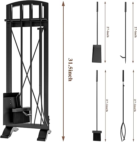 Miniatura 3 de Wrouhgt - Juego de herramientas para chimenea de hierro con poker, pinzas, pala, escoba, diseño contemporáneo para chimenea