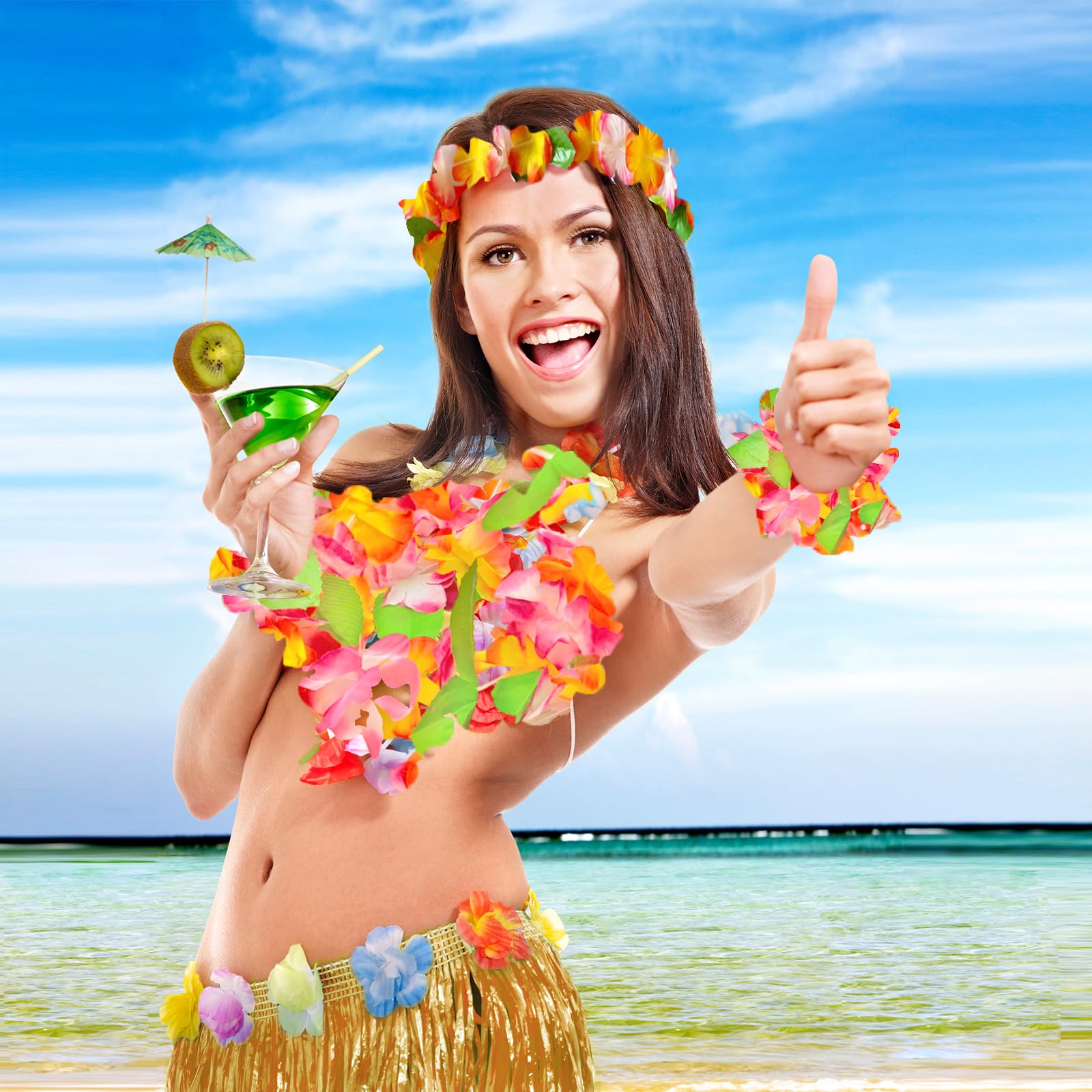 Lot de 6 décorations de fête hawaïennes, collier de fleurs, bracelets, bandeau, lunettes d'ananas, jupe hawaïenne, déguisement pour adultes, fête de plage, bar de nuit