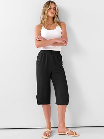 ANRABESS Womens Wide Leg Capri Pants Elastic Waist Casual Loose Lounge Trousers 2026 Summer Flowy Beach Vacation Clothes