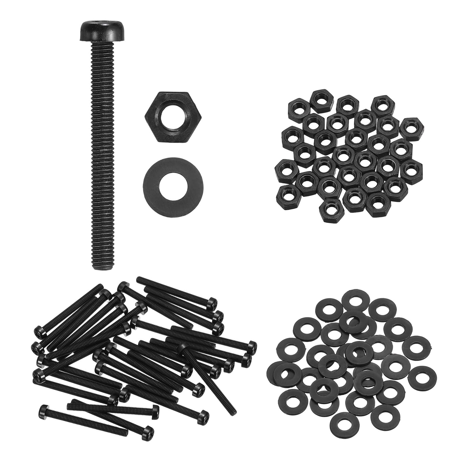 sourcing map 30 Set M3x30mm Nylon PA66 Plastic Cross Round Head Screw Phillips Bolts Hex Nuts Flat Washers Assortment Kit, Metric Full Thread Bolt Fasteners for DIY Machine Assembly, Black — image 1
