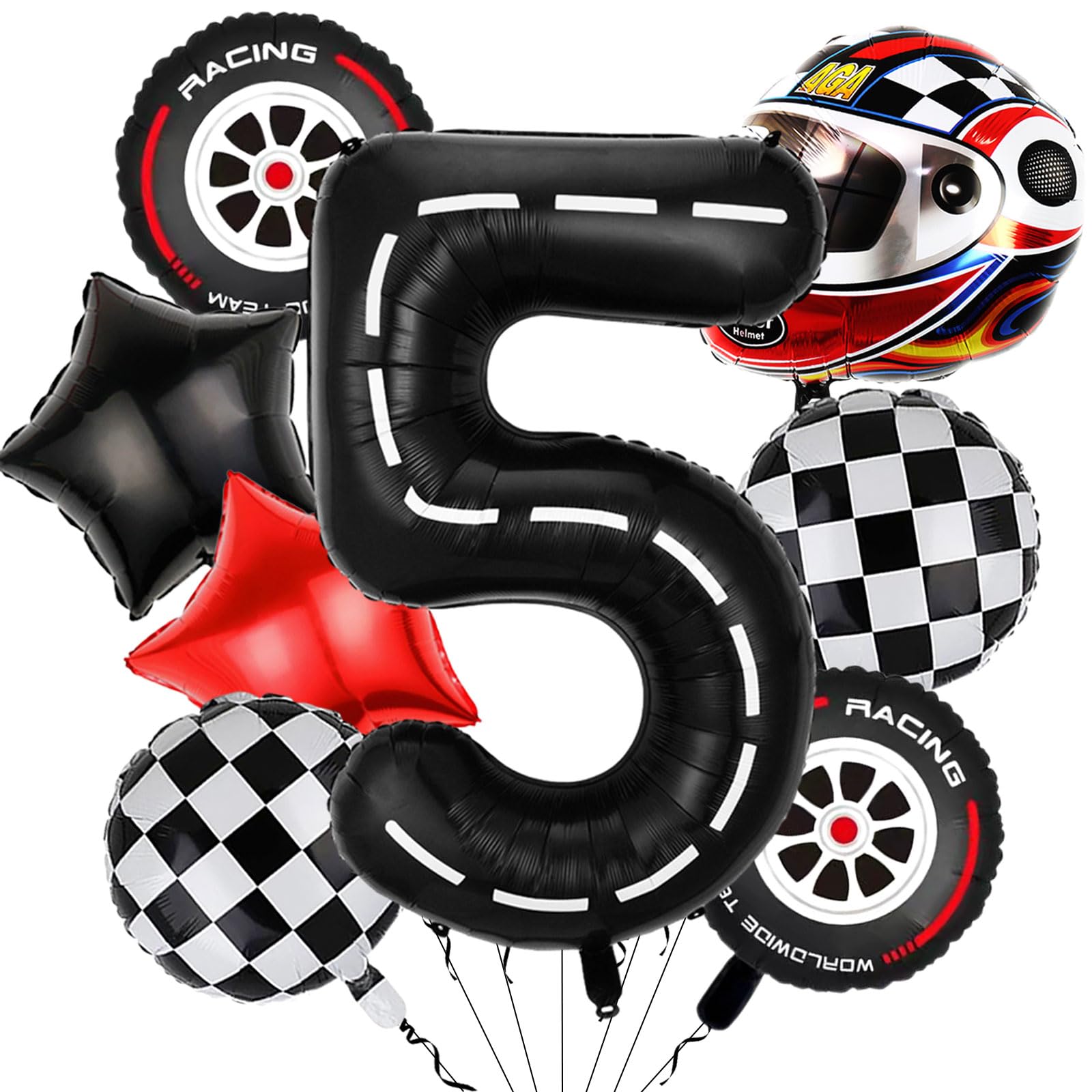 8PCS Race Car Balloons - 40 Inch Race Racetrack Number 5 Balloon - Tire Balloons for Cars Birthday Decorations - Racing Party Decorations