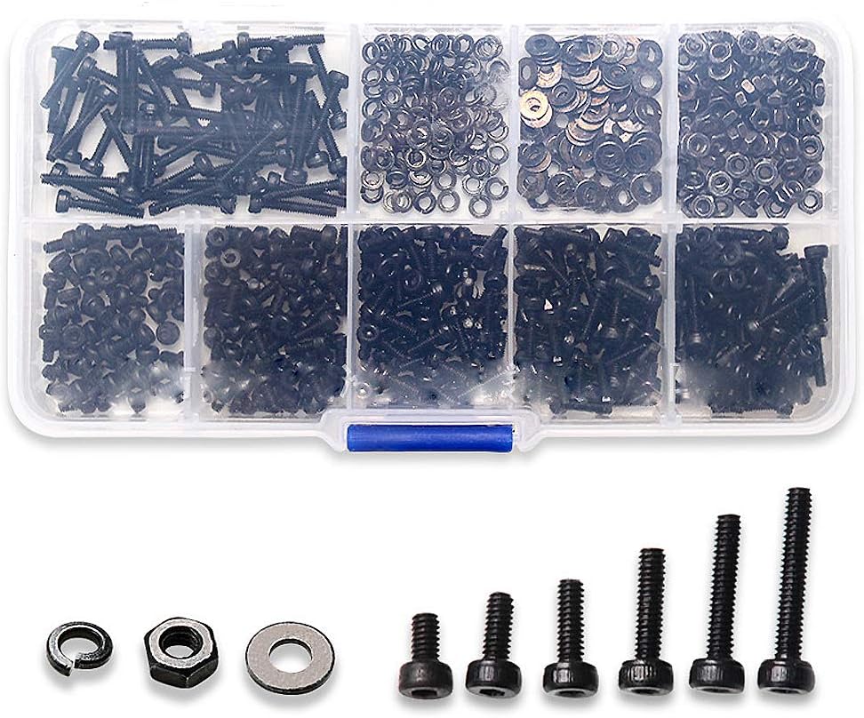 600PCS Black Column Head Hex Socket Screws Bolt Nut Flat Pad Washers Spring Kit Assortment with Plastic Case