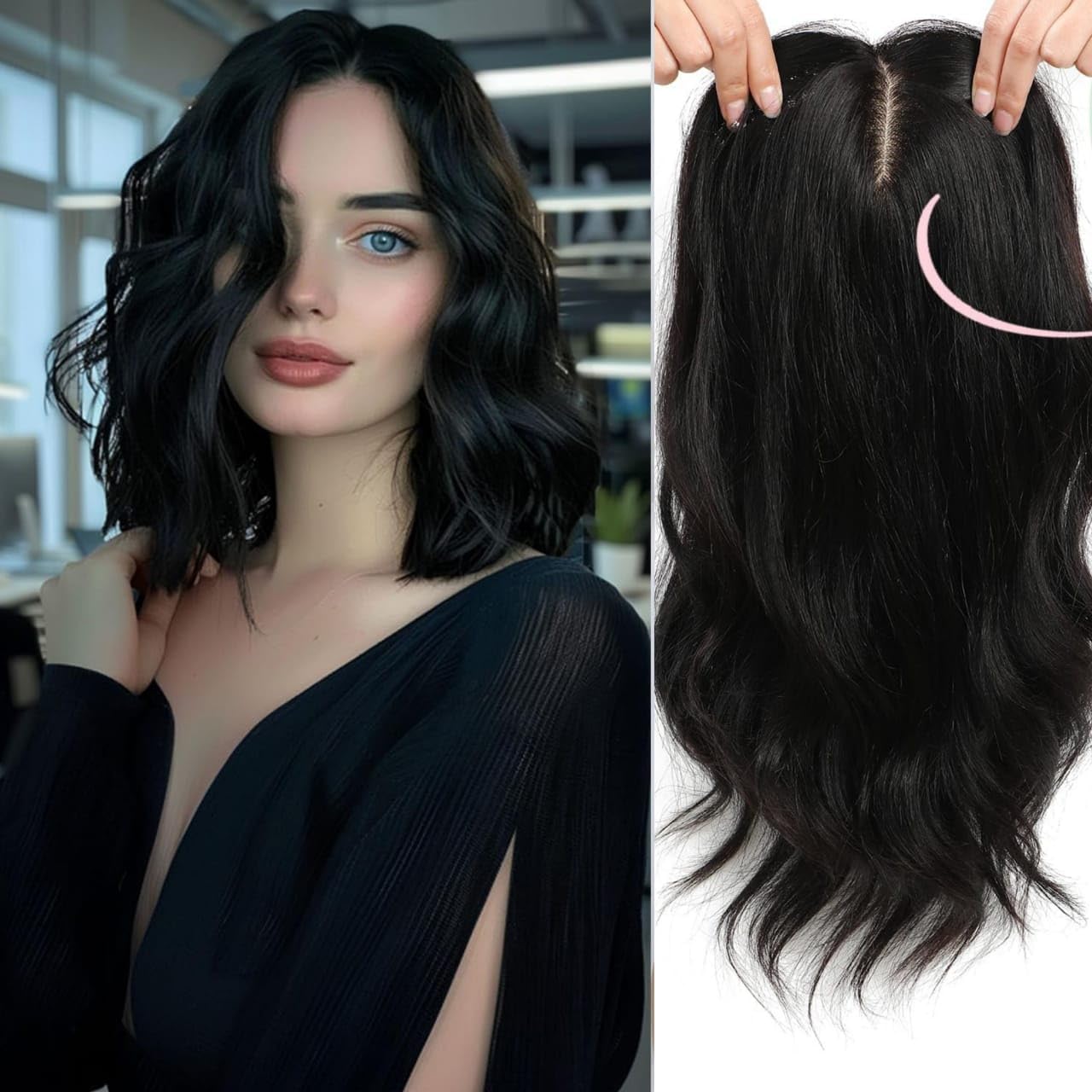 HAIR WALA100% Kanekalon Hair Light Weight Wavy Curly Middle Part Hair Topper, 4" x 4" Silk Base, 4 Clip in Wavy Curly Style for Thinning Hair,18 Inches Long (Black)