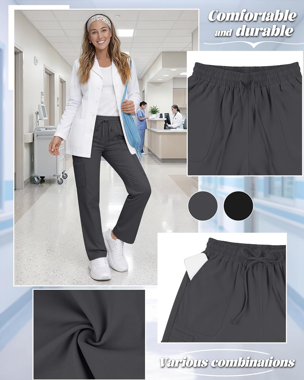 Oakgarden 2 Pack Scrub Pants Straight Leg for Women Nurse Cargo Pants Lightweight Mid Rise Trousers 4 Pockets and Pen Slots