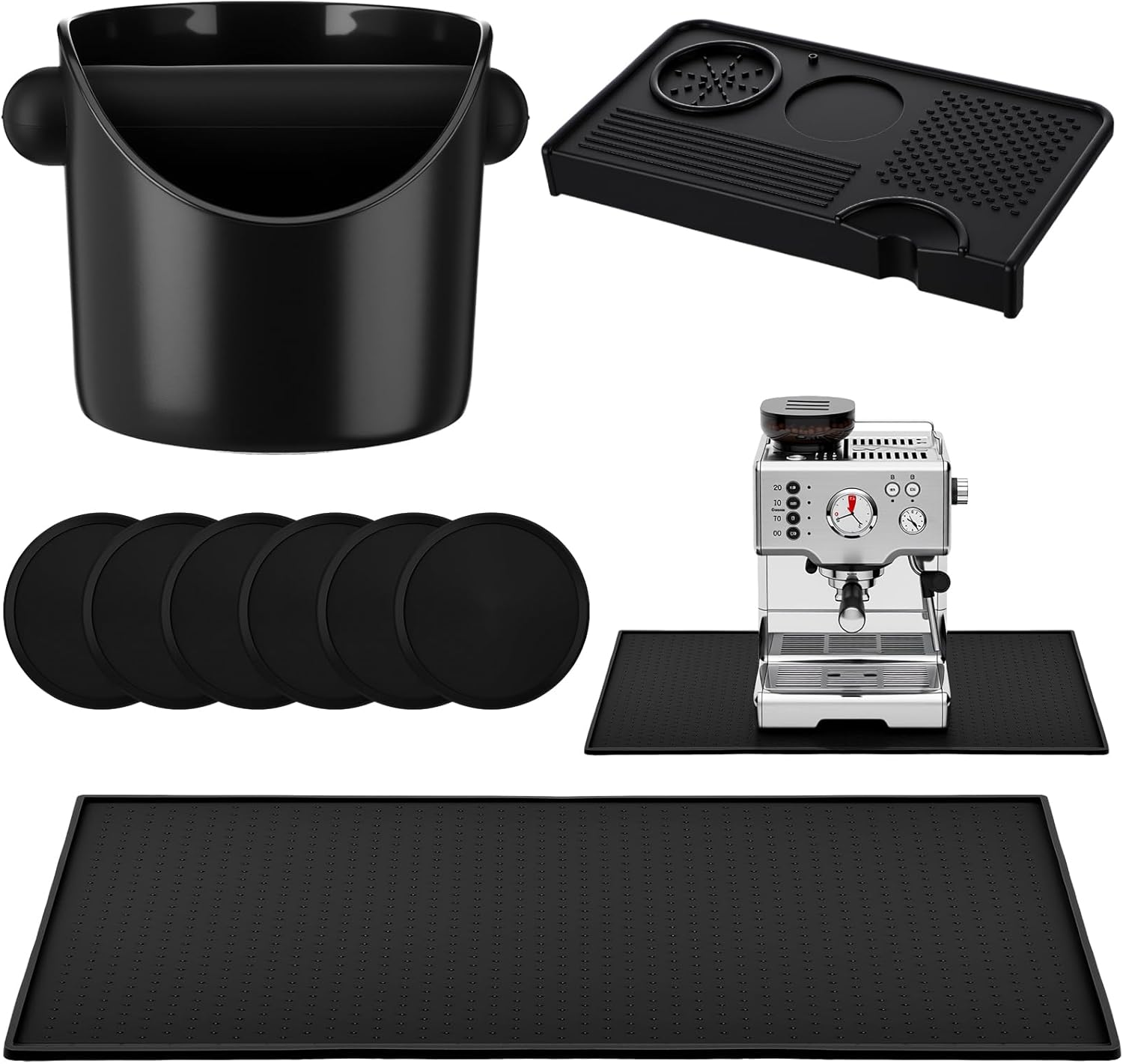 9 Pcs Espresso Knock Box Kit 23.6" x 15.8" Large Silicone Coffee Mat Espresso Tamping Mat with Coffee Station Organizer Removable Rod Coasters Under Machine Accessories Set for Home Barista