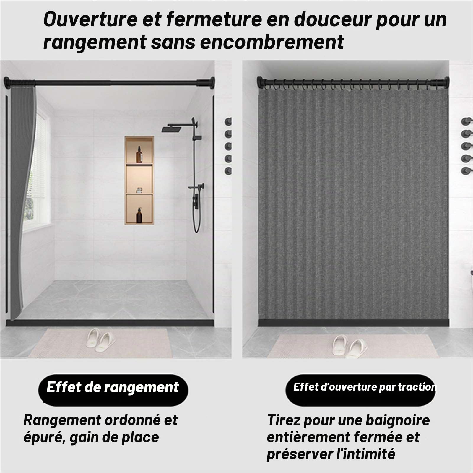 Rideau de Douche Pliable Aimantée Imperméable, Gris -120x200cm | Rideau de Douche Anti Moisissure avec Crochets, Rideau de Douche Lin épais pour Salle de Bain
