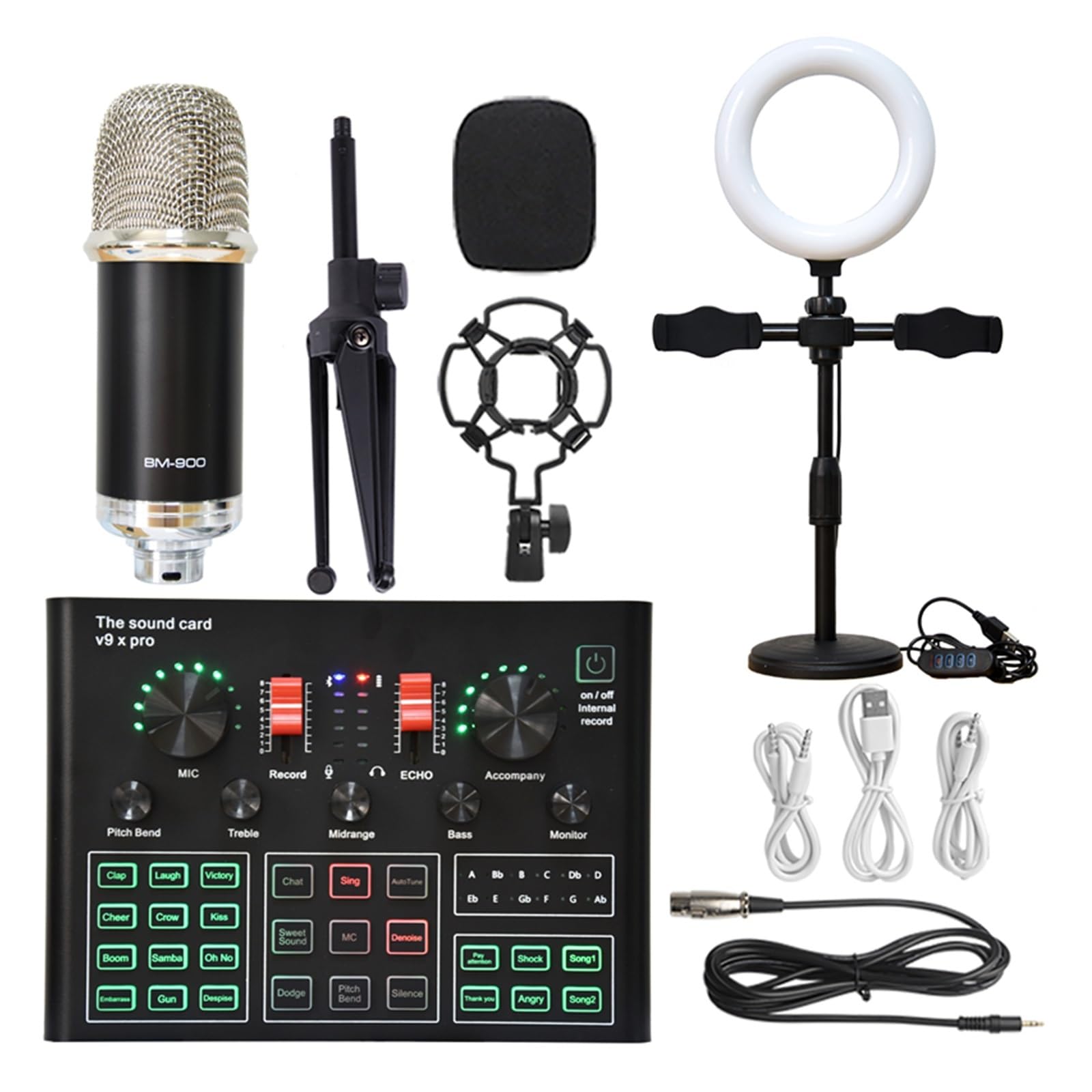 Kit scheda audio professionale da studio, microfono a condensatore, kit microfono WXH1000 con scheda audio dal vivo, configurazione studio wireless Karaoke Bluetooth per la registrazione di music