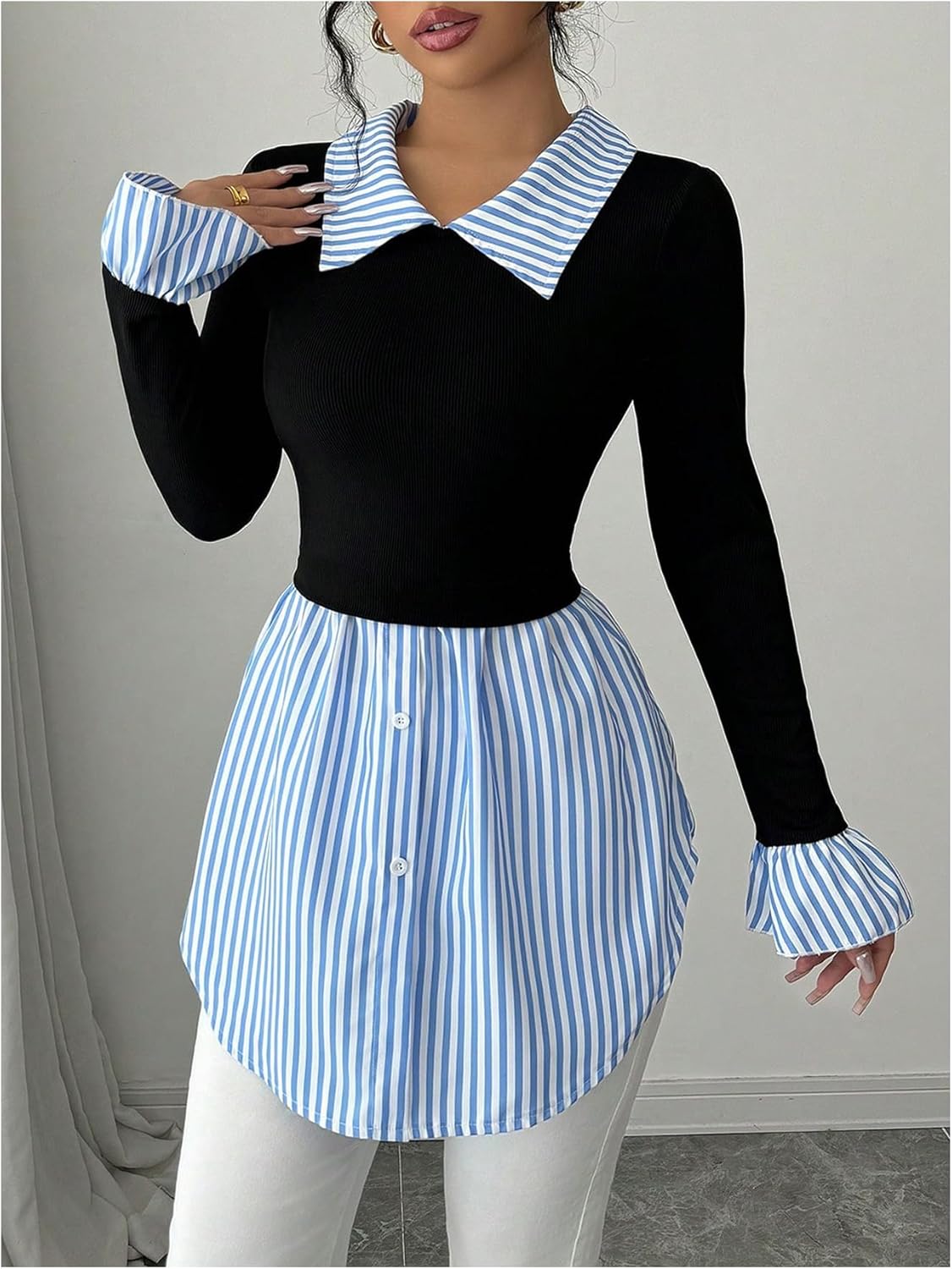 MakeMeChic Women's Striped Bell Sleeve Babydoll Shirts Collared 2 in 1 Blouse Top - Image 5