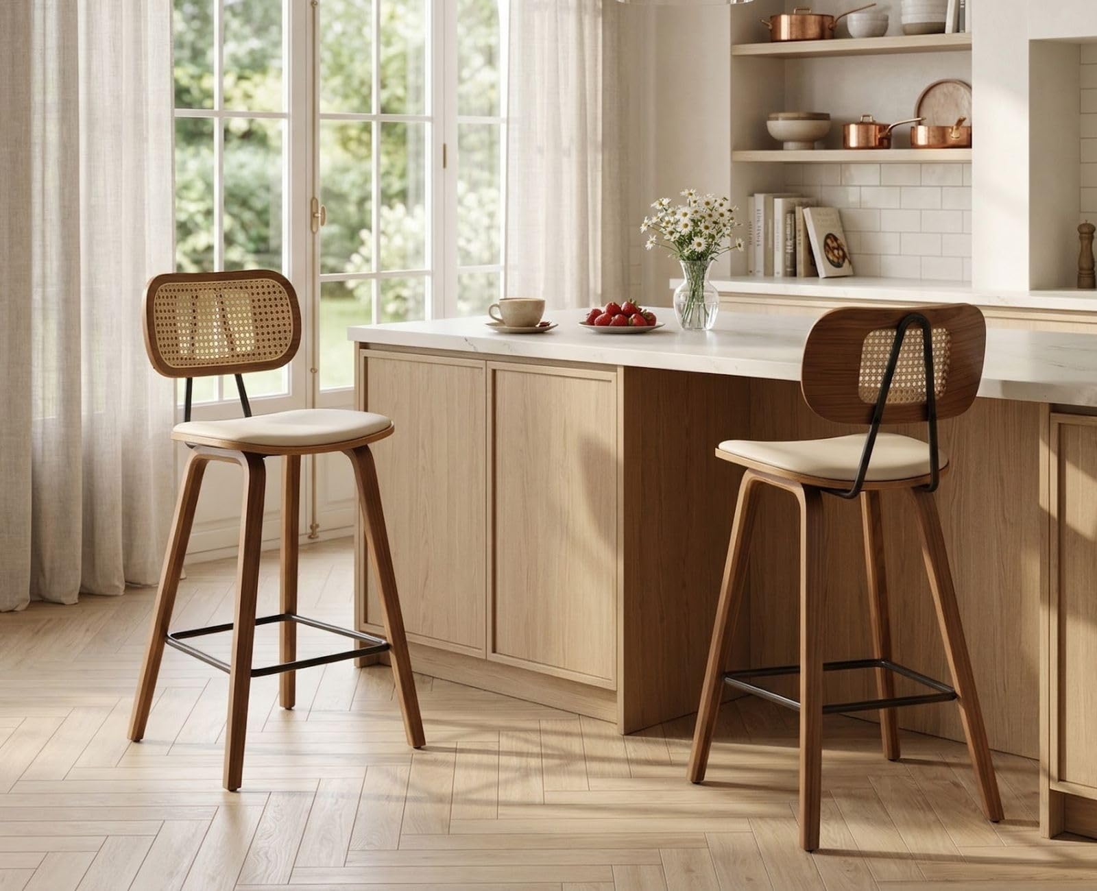 chairus Tabourets de Bar Lot de 2 Tabourets de Comptoir Bois et Métal Chaise Haute Bar avec Dossier Rotin pour Central Îlot, Beige