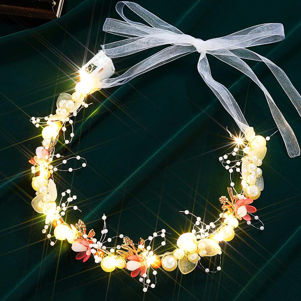 Jovono Light Up Pearl Bride Wedding Headbands Gold LED Flower Bridal Headpiece Leaf Hair Accessories for Women (Pink, Free size)
