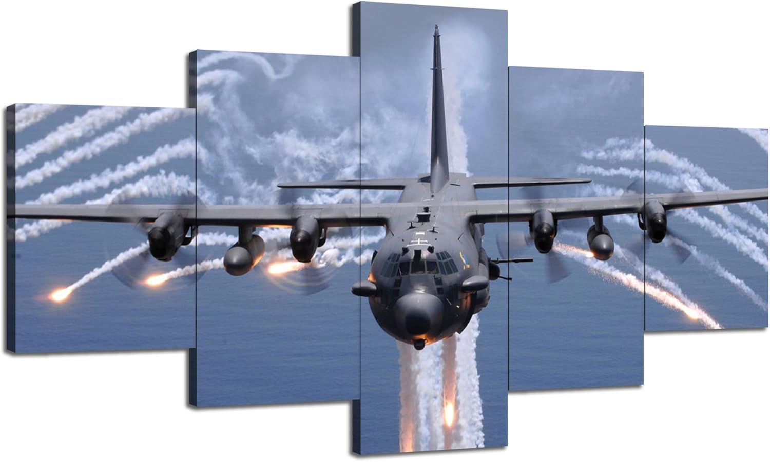Military Attack Aircraft AC-130 Gunship United States Air Force Fighter Jet Pictures Wall Art Canvas Frame Art Home Decor 5 Panel Poster Living Room Decorations Paintings(60''Wx32''H)