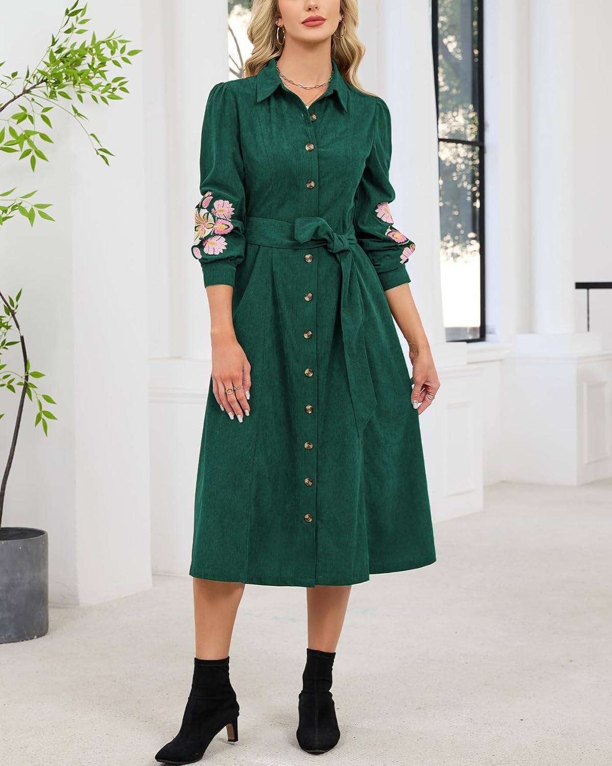 Women’s Corduroy Embroidered Maxi Shirt Dress Long Sleeve Button Down Belted Casual Spring Fall Western Long Dresses - Image 6