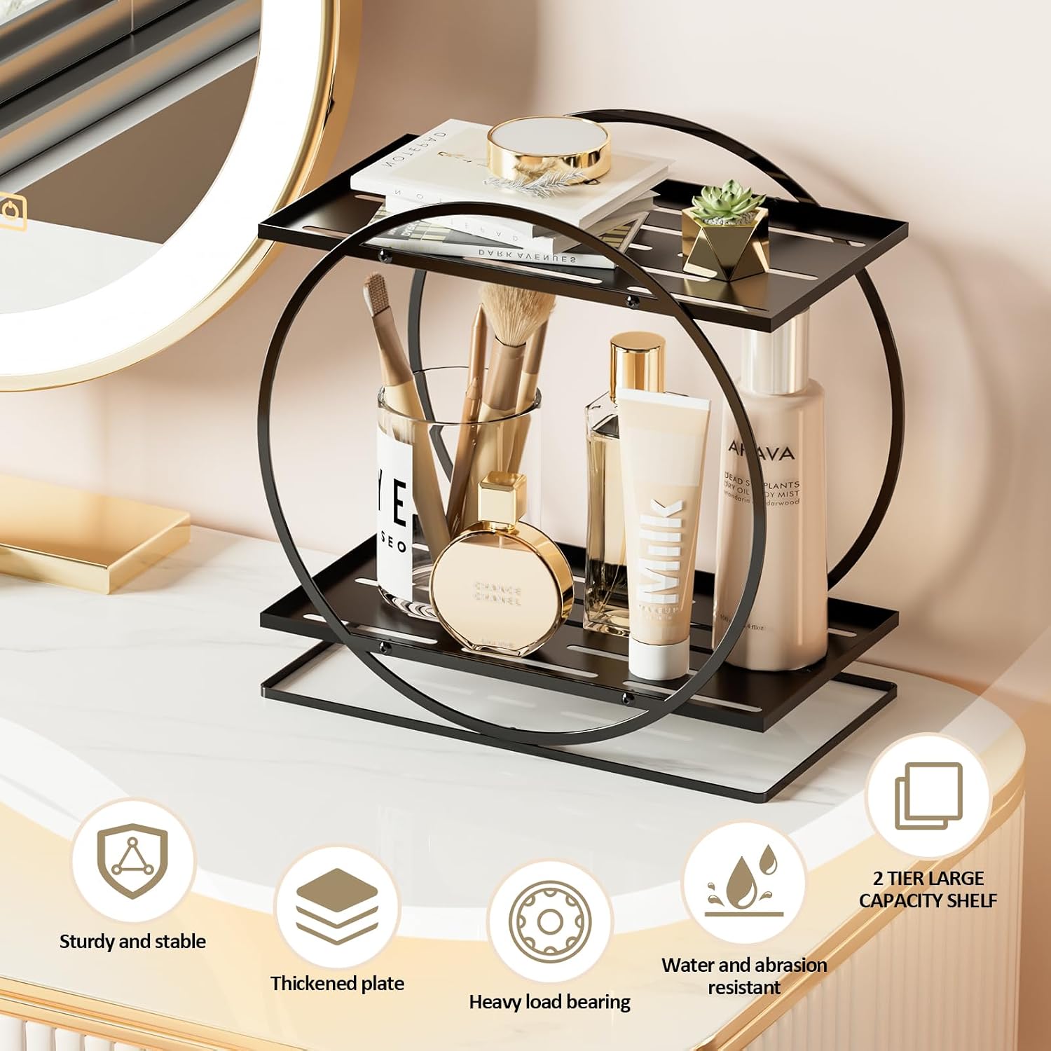 2 Tier Perfume Organizer for Dresser, Black Gold Perfume Makeup Perfume Stand Organizer for Vanity, Cosmetics Ideal Gift for Perfume Lovers-Black