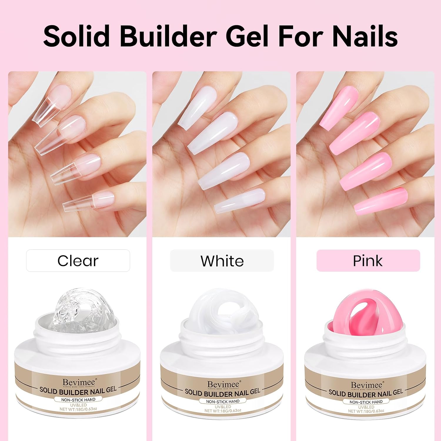 3D Nail Art Solid Builder Gel for Nails 3PCS, Clear White Pink 3D Sculpting Hard Gel Non-Stick Hand, for Modeling, Sculpture, Nail Extension UV/Led Manicure DIY at Home 18g*3Colors