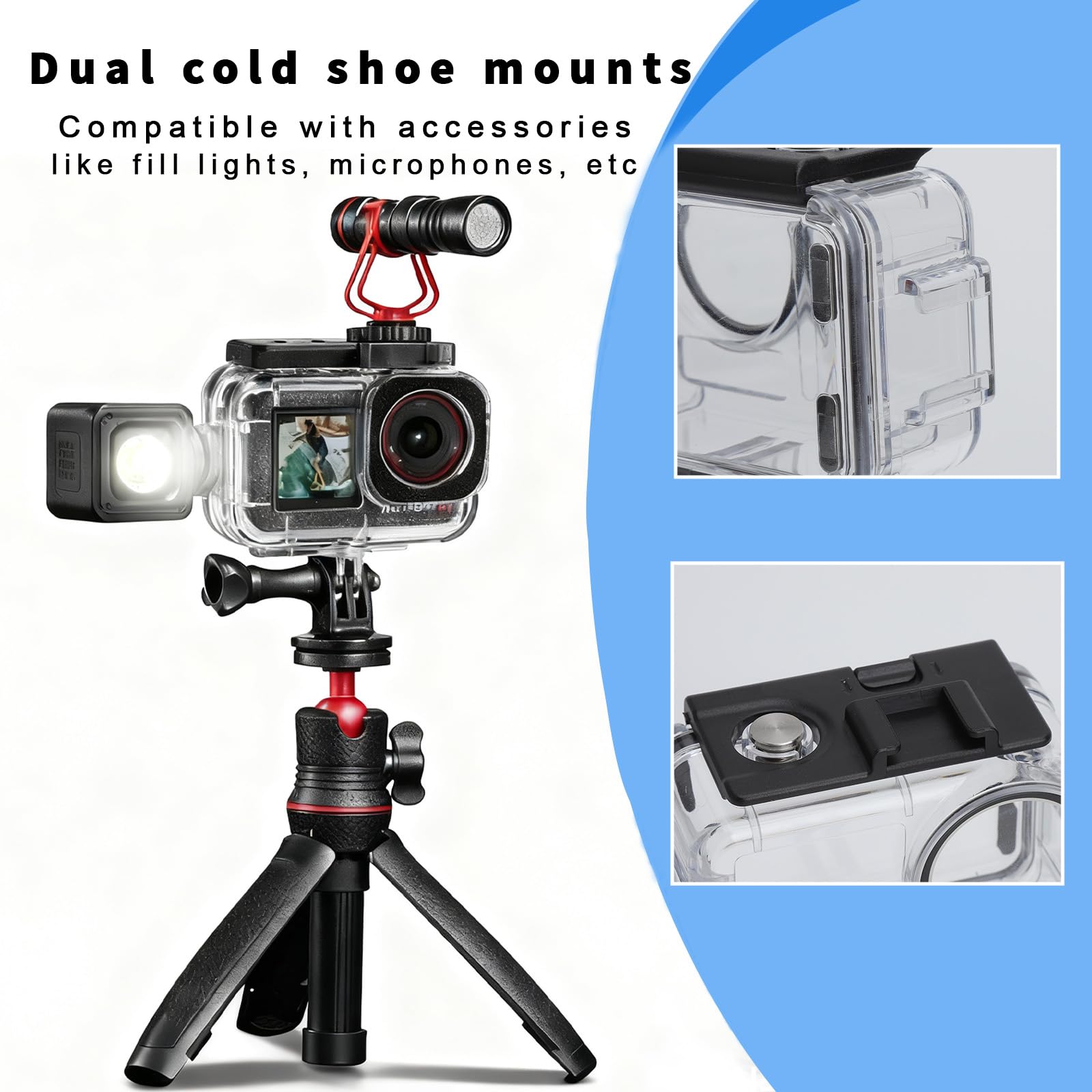 VOSSOT Custodia impermeabile per DJI Osmo Action 5 Pro/Action 4/3 50M/164FT perfetta per fotografia subacquea e accessori da viaggio Custodia con pellicola anti-appannamento Dual Cold Shoe Design