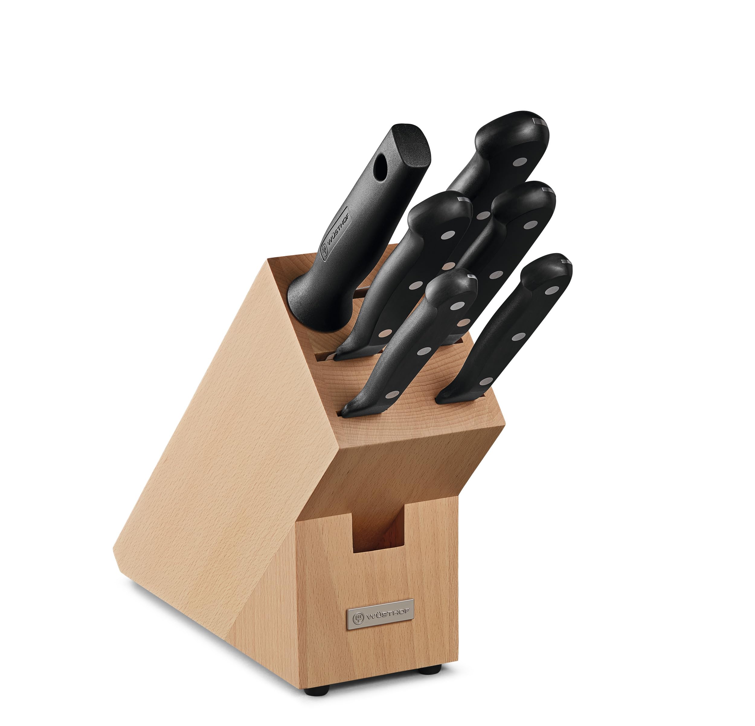 Wüsthof Messerblock Gourmet (1095070601), Massif Holzblock, Helle Buche, Küchenmesser Set INKL. 5 Kochmesser und 1 Wetzstahl, Bois