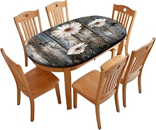 Daisy Floral Oval Fitted Tablecloths, Butterfly Daisy Flowers Elastic Edged Stretch Table Cover, Fits to 42" X 60" Tables, Table Cloths for Indoor Family Banquet and Outdoor Patio Use, Grey