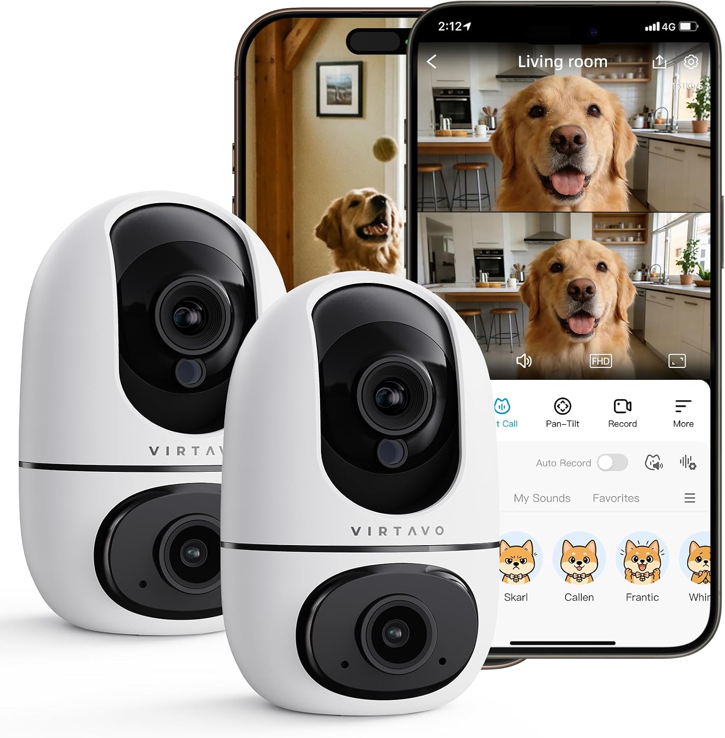 VIRTAVO AI Pet Camera Indoor with Phone App for Dog, Cat & Puppy, 2Pack | 360° Dual-Lens with Auto Tracking & Pet Calling, No Subscription, Wi-Fi 6 (5GHz/2.4GHz), Apple watch & Alexa Compatible