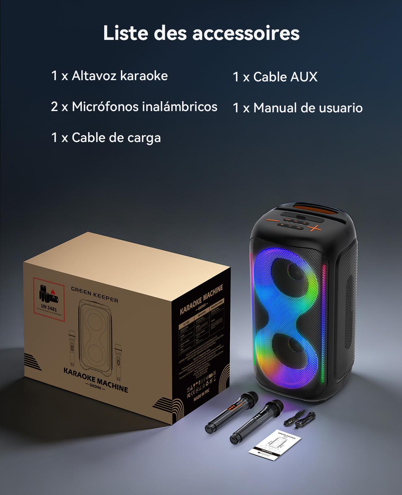 GKD40 Máquina de Karaoke Portátil para Adultos. Altavoz Bluetooth con Sistema PA, 2 Micros Inalámbricos Recargables y Luces LED. Woofer 4", Ideal para Casa, Fiestas al Aire Libre y para Cantar