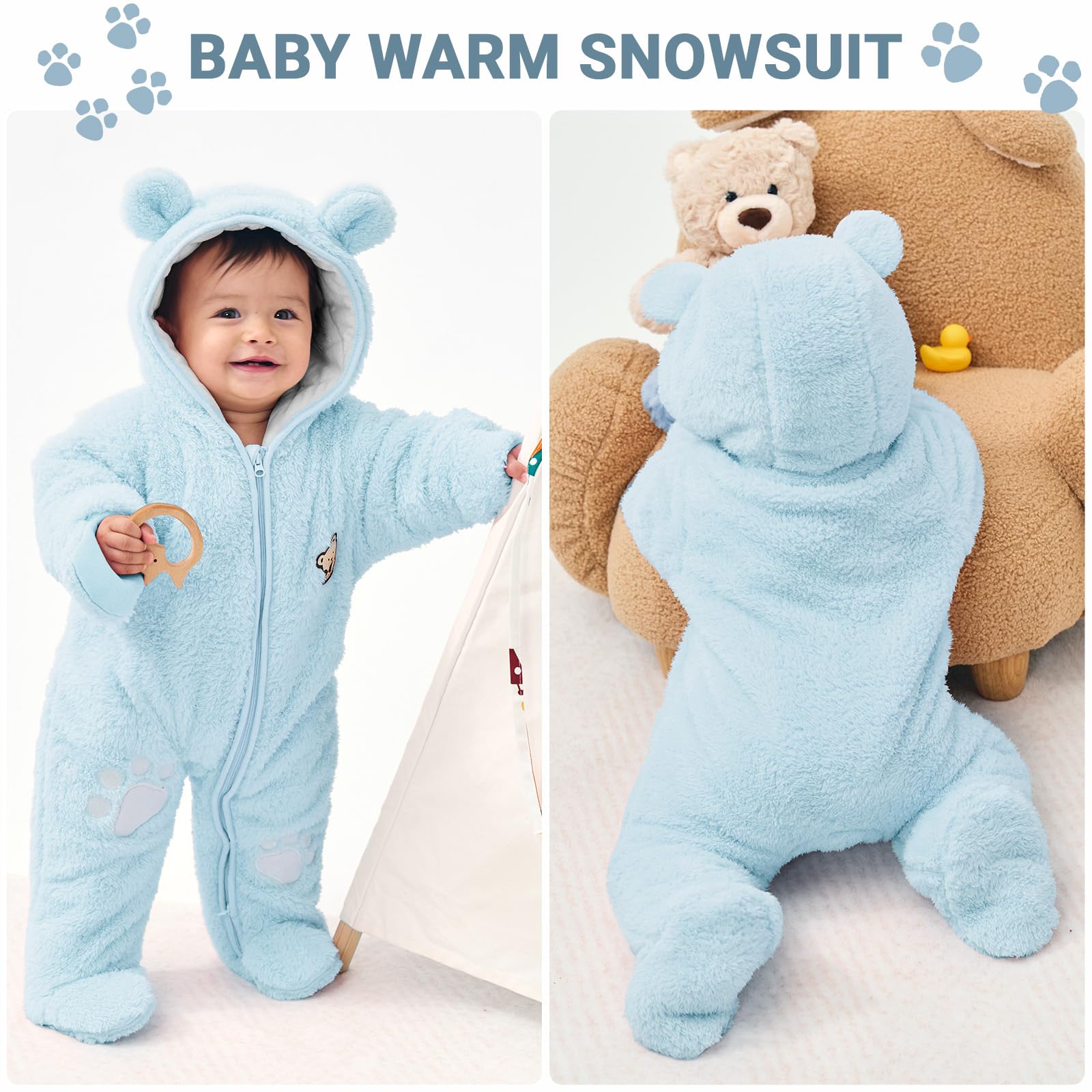 JiAmy Bambino Tute da Neve Inverno Pagliaccetto con Cappuccio Tutina in Pile Abiti a Maniche Lunghe 0-18 Mesi