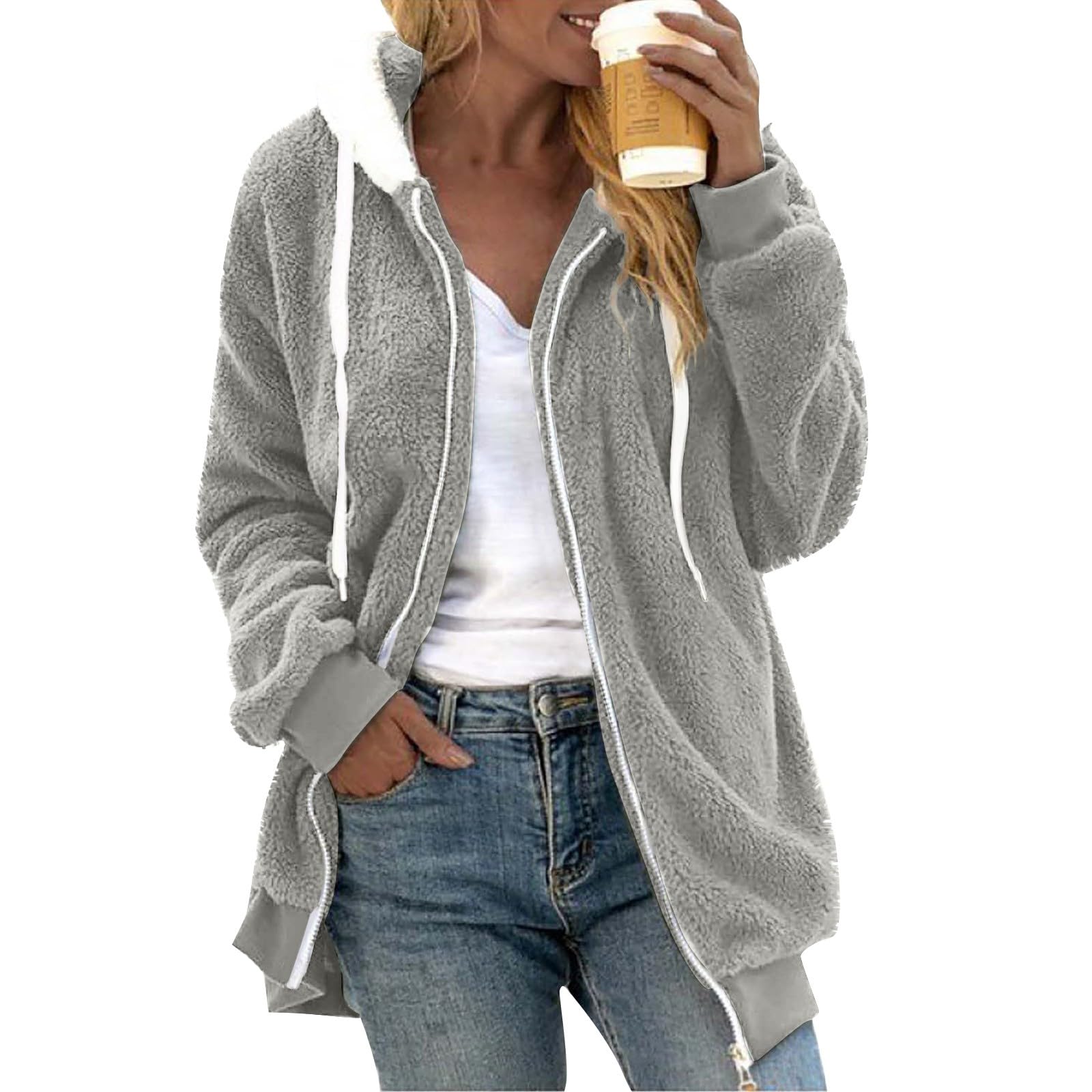 Generisch Winterjacke Damen Warm Fleecejacke Elegant Teddyjacke Mit Kapuze Plüschjacke Winter Plüschmantel Langarm Flauschjacke Outdoor Kapuzenjacke Einfarbig Locker Damenjacken Casual Wintermantel