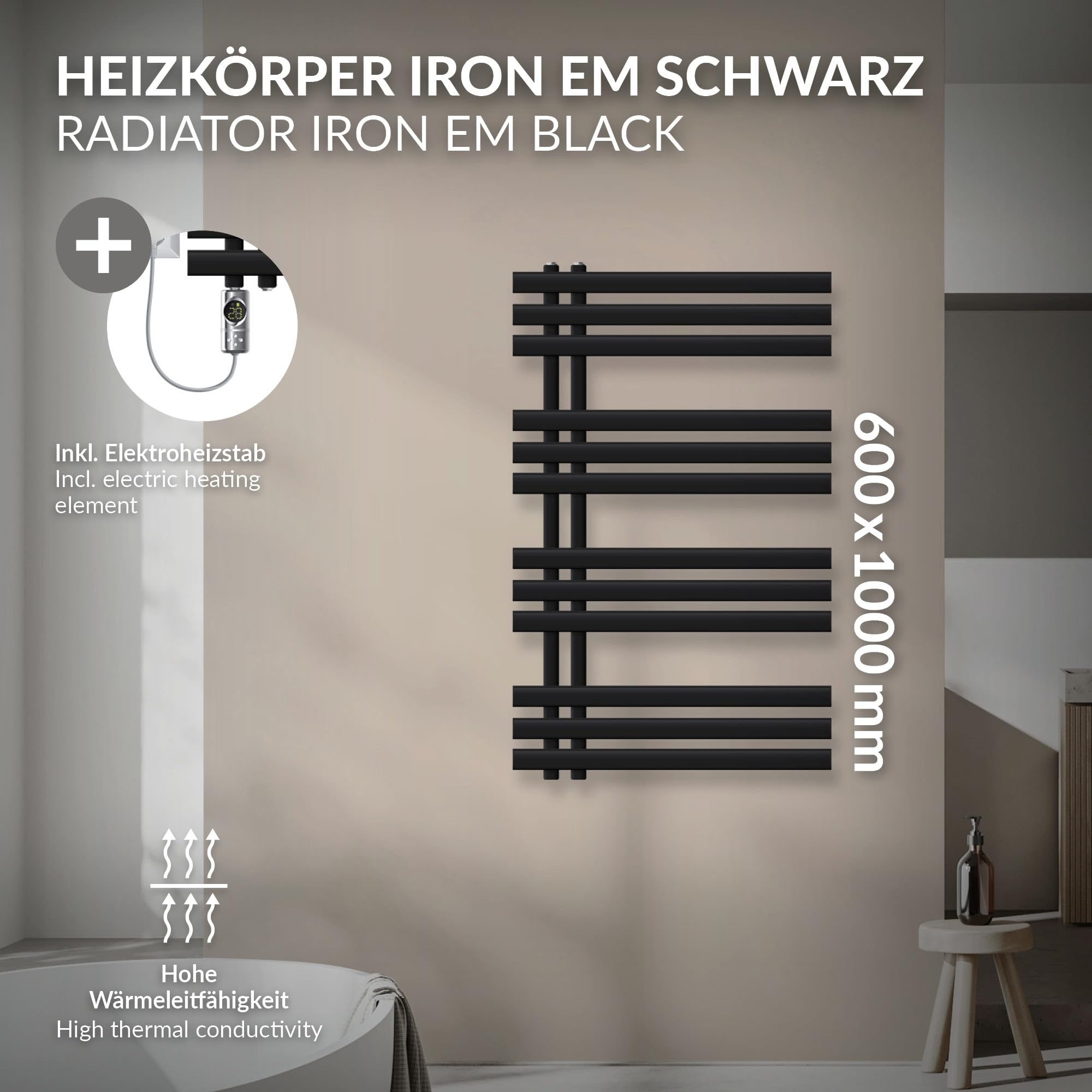LuxeBath Radiador Eléctrico Iron EM 600 x 1000 mm Negro Mate, Estufa Toallera Vertical con Elemento Calefactor 300W Termostato de Pantalla Digital, Calentador de Pared de Diseño Moderno para Baño