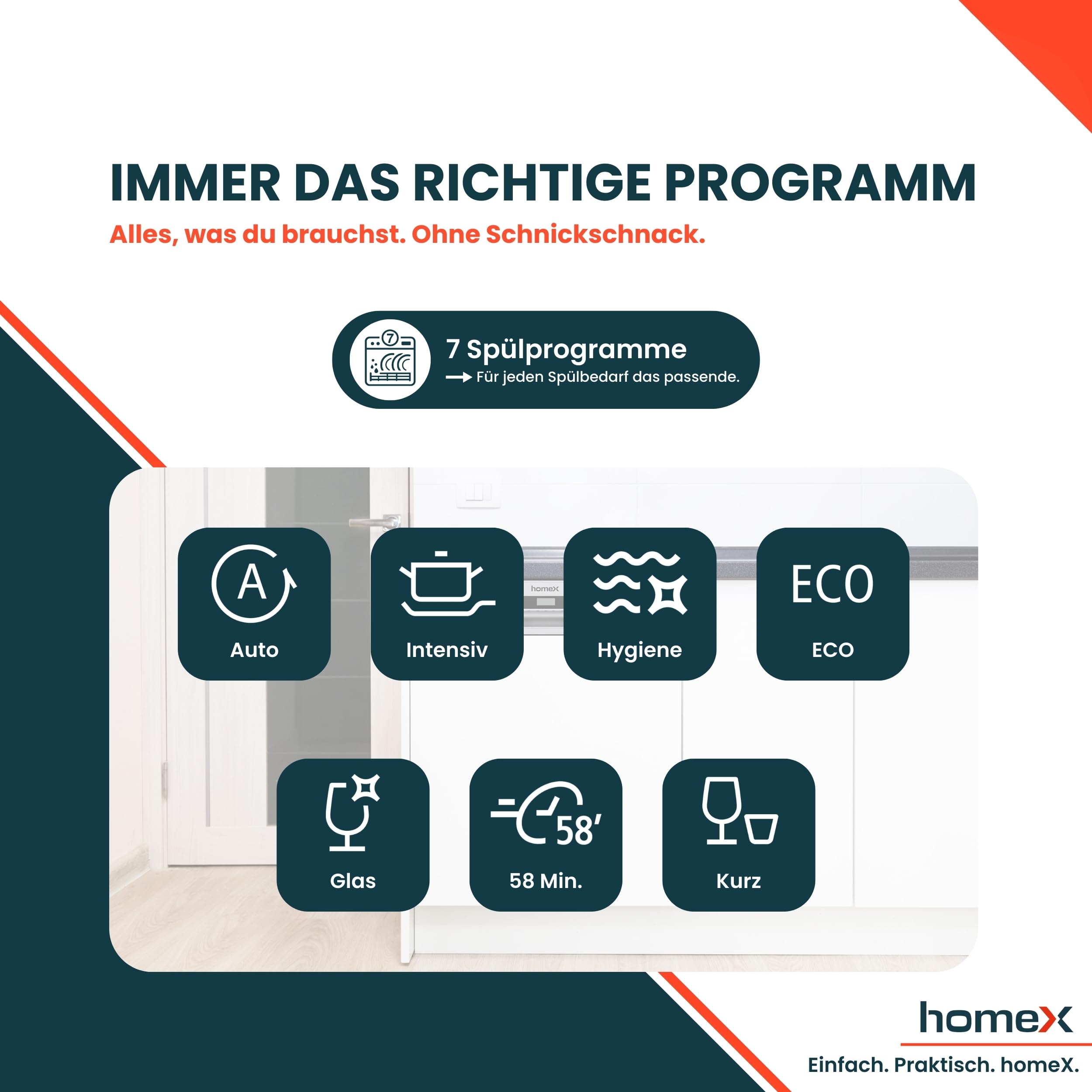 homeX Geschirrspüler 60 cm teilintegrierbar 14 Maßgedecke 7 Programme AquaStop 44 dB DWSI601444C