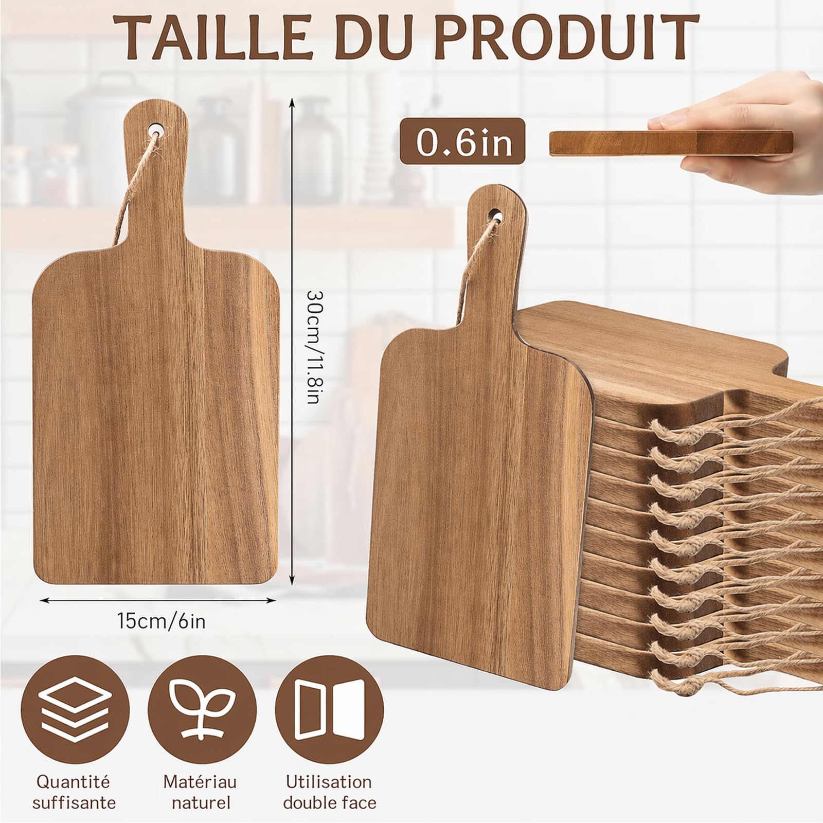 Lot de 12 Planches à Découper en Bois d'Acacia avec Poignées, 30x15x1,5 cm