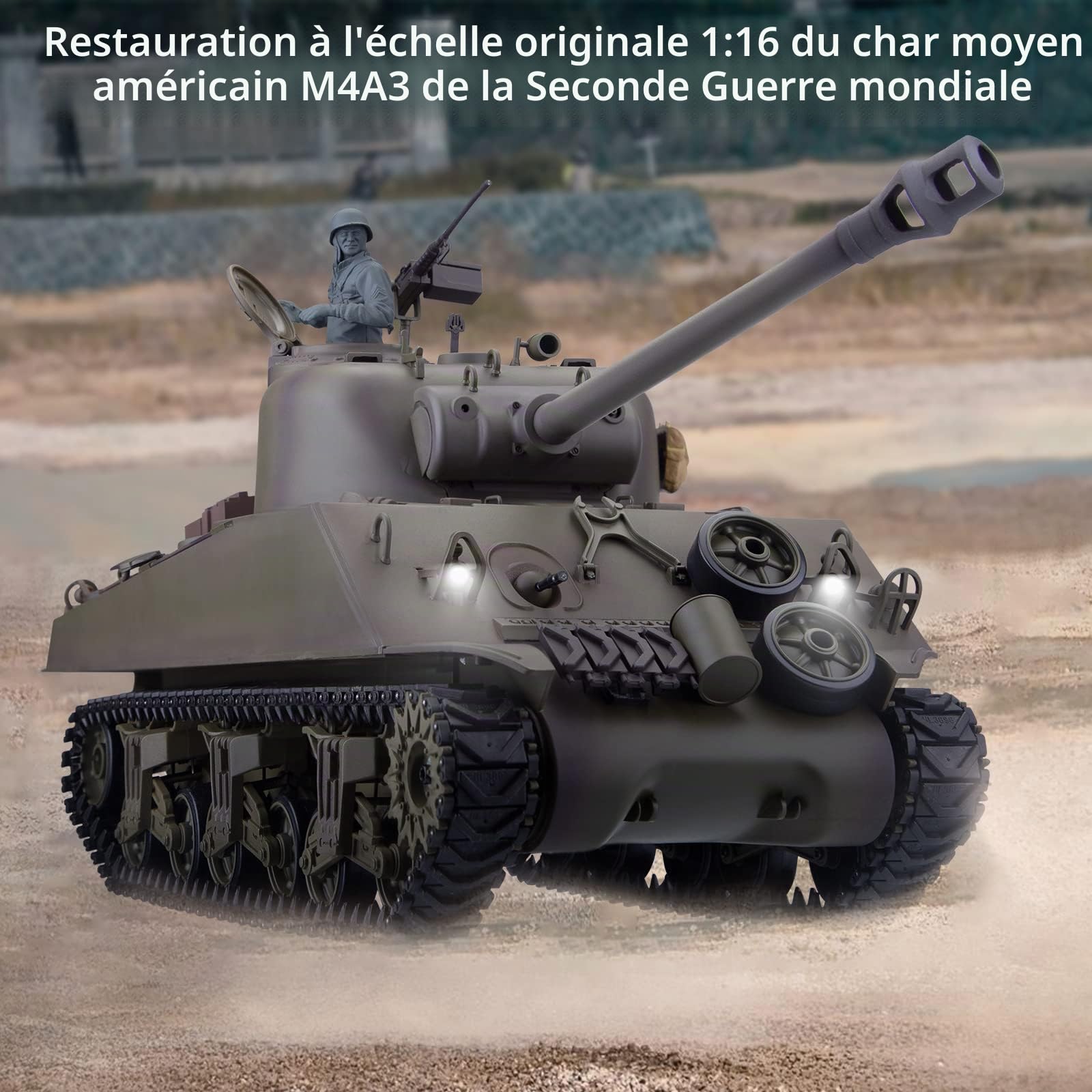 Réservoir RC 1/16 pour adultes, 2,4 G US M4A3 Sherman Main Battle Tank Modèle avec boîte de vitesses rétractable Long Canon Lancement BBs Bataille infrarouge, modèle de véhicule militaire