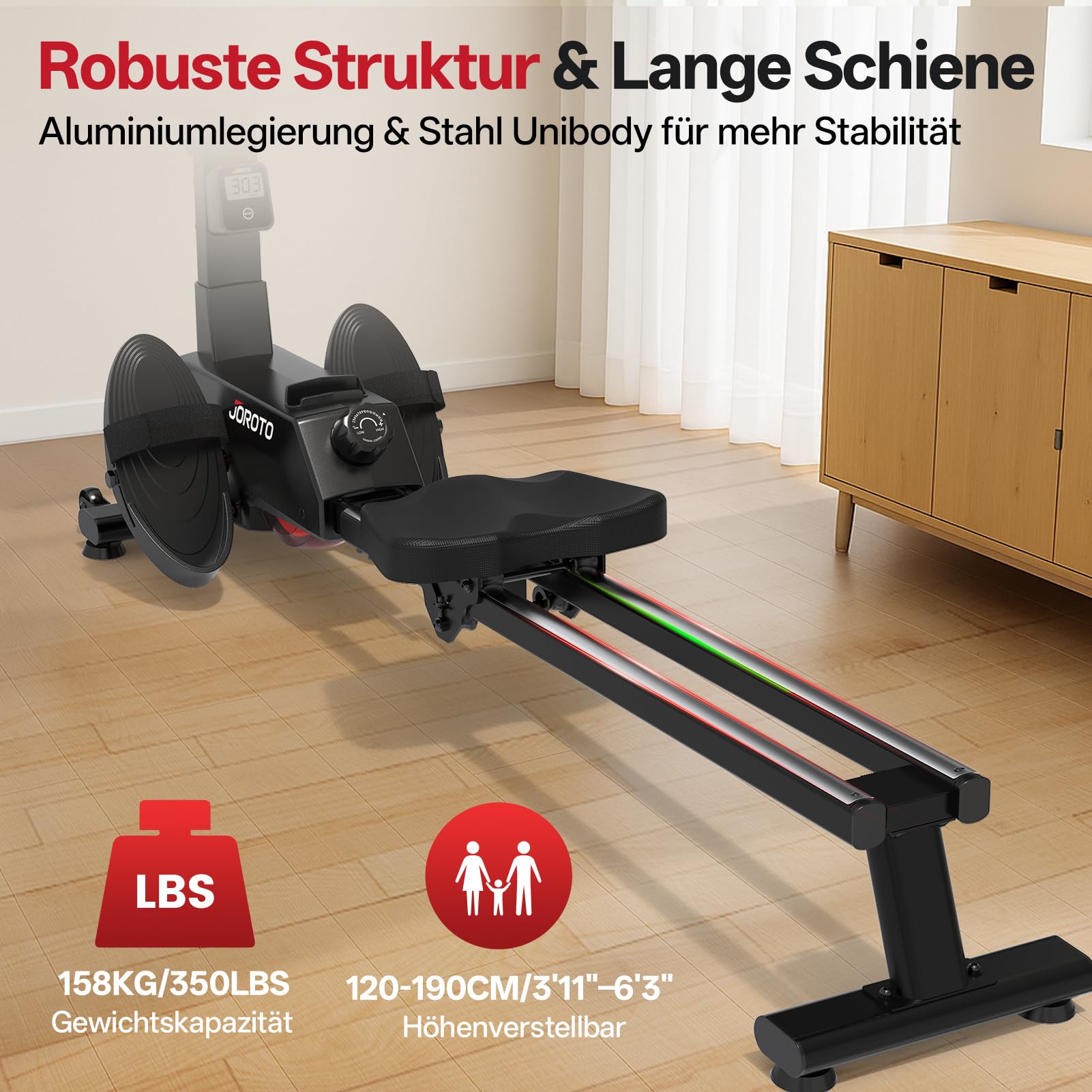 JOROTO Rudergerät für Zuhause, 16 Magnetwiderstand, Ultra-leises Magnetisches Rudergerät mit Kinomap App, Doppelschienen für Stabilität & Komfort, Platzsparend & Einfacher Aufbau – Heimfitness