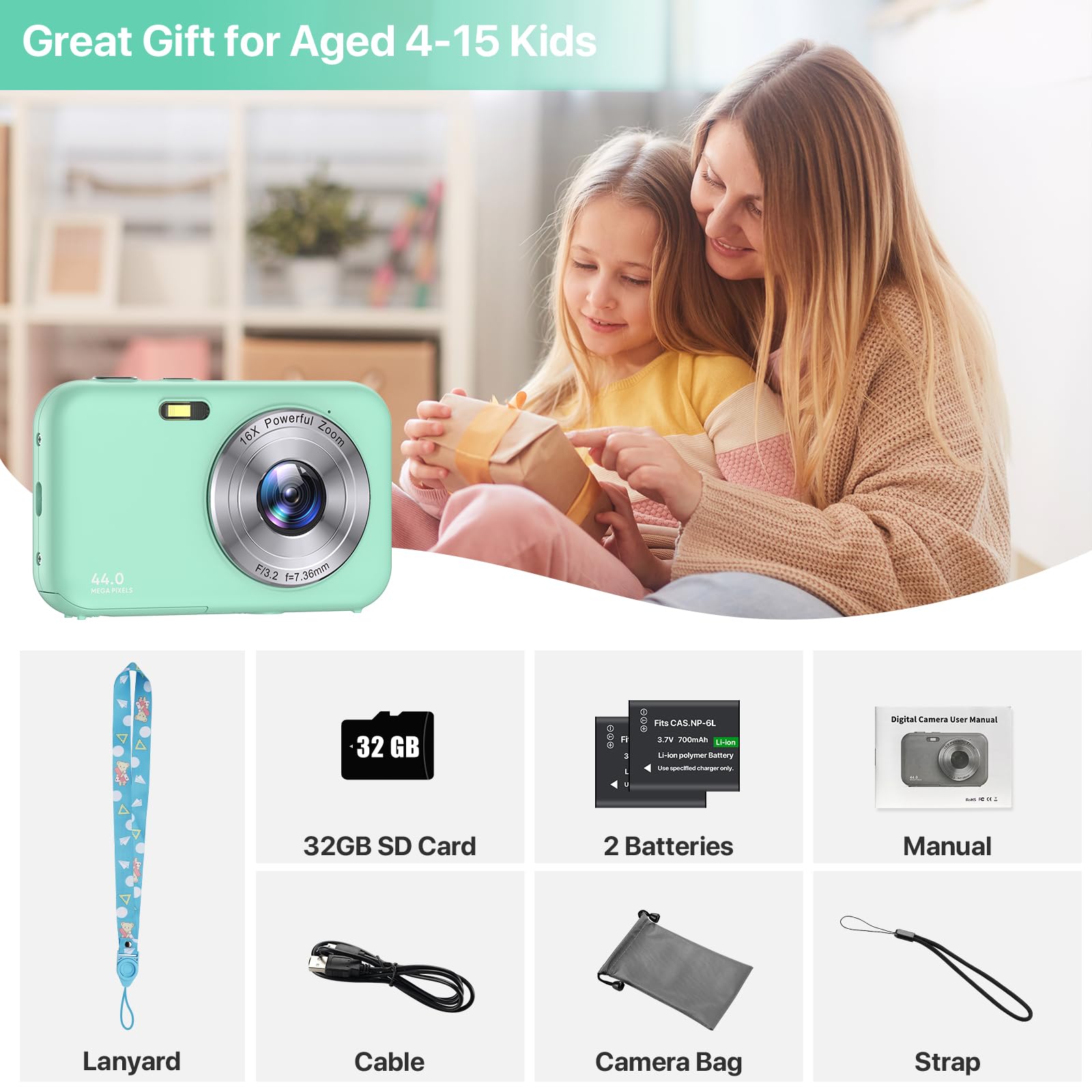 Fotocamera Digitale Compatta con scheda da 32GB, 1080P 44MP Macchina Fotografica Digitale con Zoom Digitale 16X Flash e 2 Batterie, Ricaricabile Fotocamera per Bambini, Adulti, Principianti (Verde)
