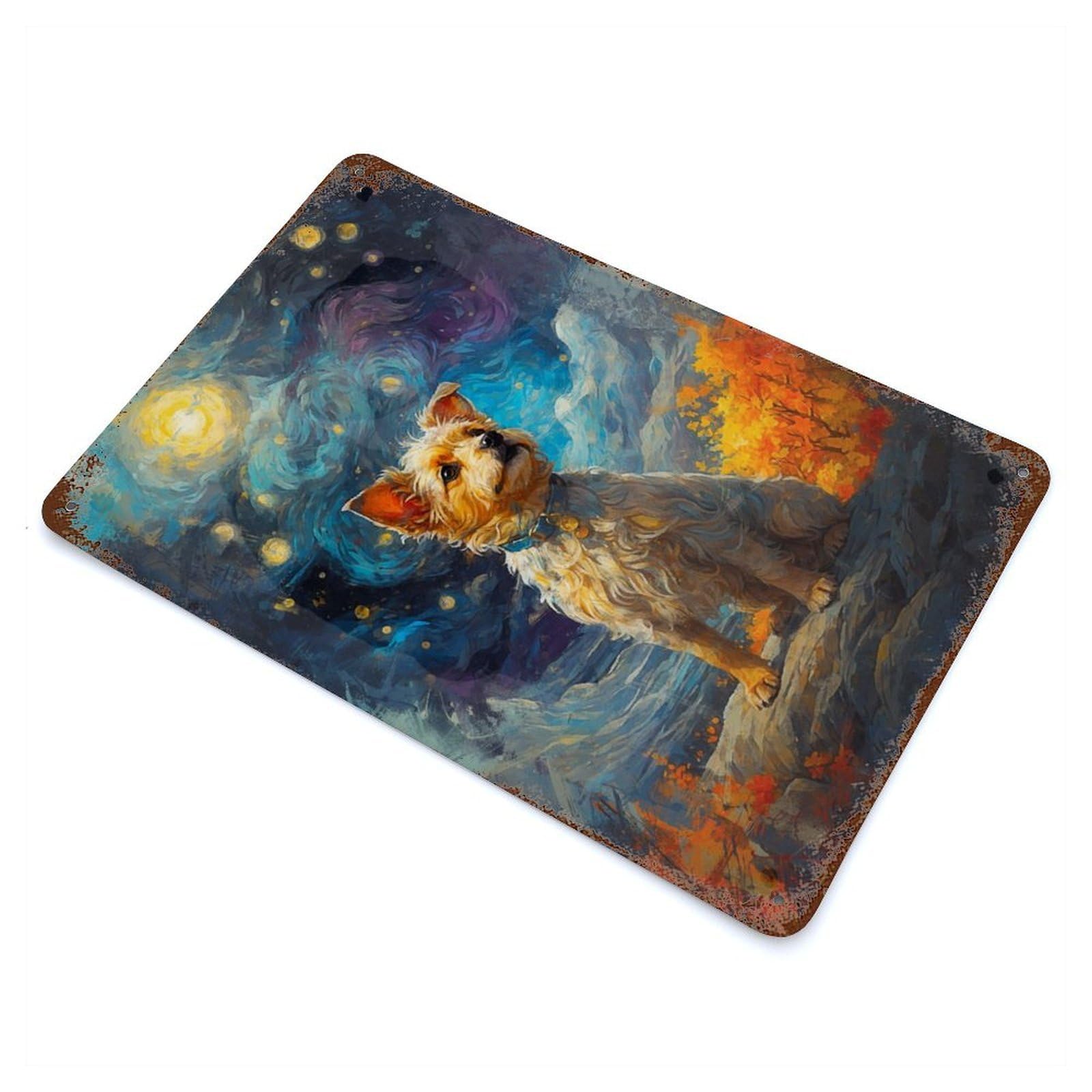 Garage Style Tibet Terrier Starry Night Rustic Tin Plaque 11.8"x7.9", Industrial Home Decor for Bar And Workshop