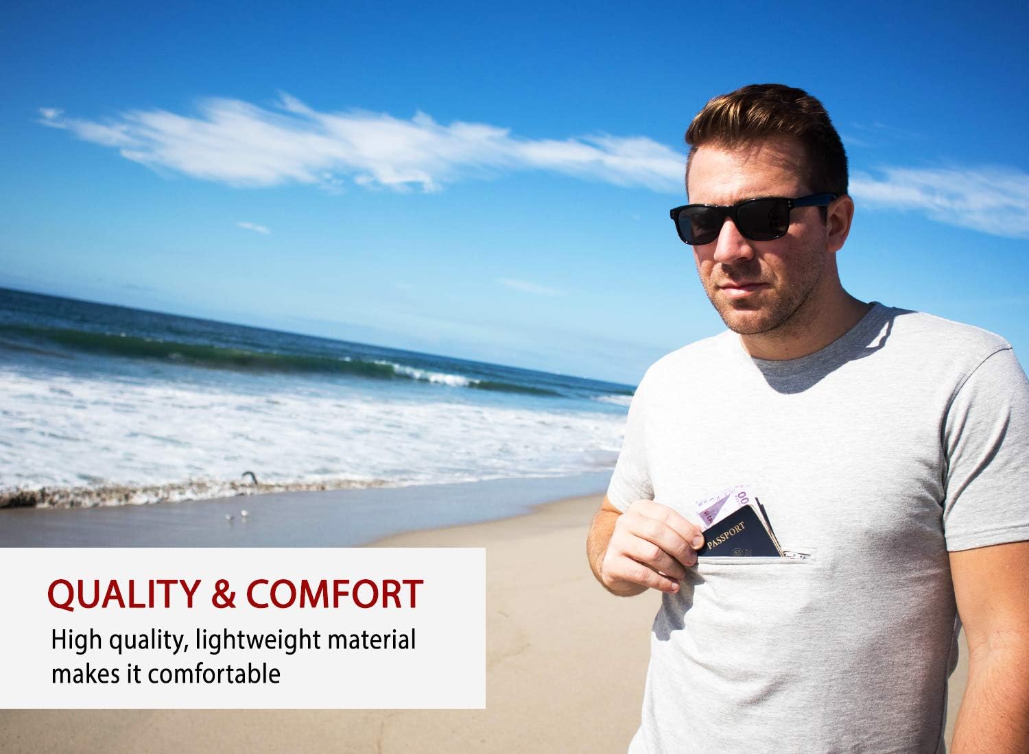Clever Travel Companion Men's Crew Neck T Shirt with 1 Secret Hidden Pockets for Traveling | Pickpocket Proof