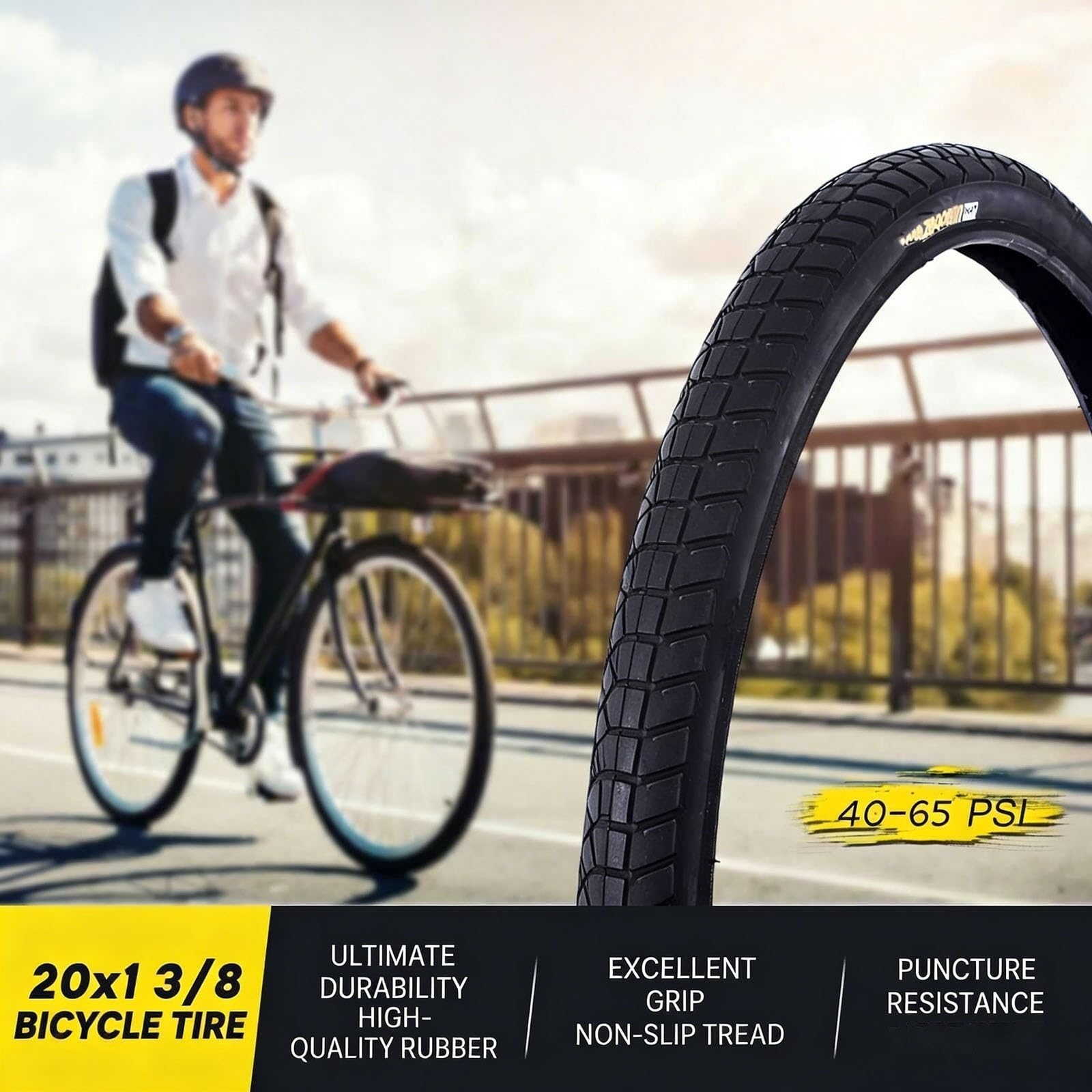 2PCS 20x1-3/8 (37-451) Opona Rowerowa Odporna na Przebicia do Miasta, Kommutowania i Turystyki z Wzmocnioną Ścianką, Antywybuchowa, 45-60 PSI, Czarna