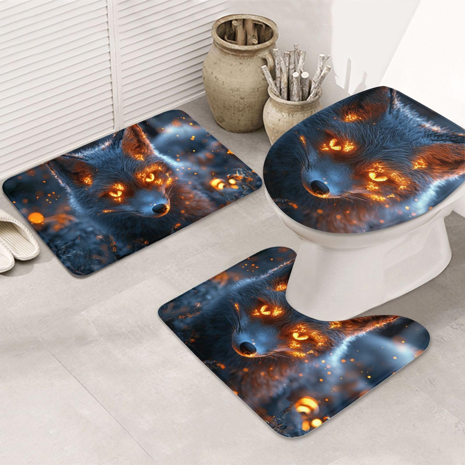 Juego de 3 alfombras de baño con estampado de zorro alfombrilla de contorno y funda