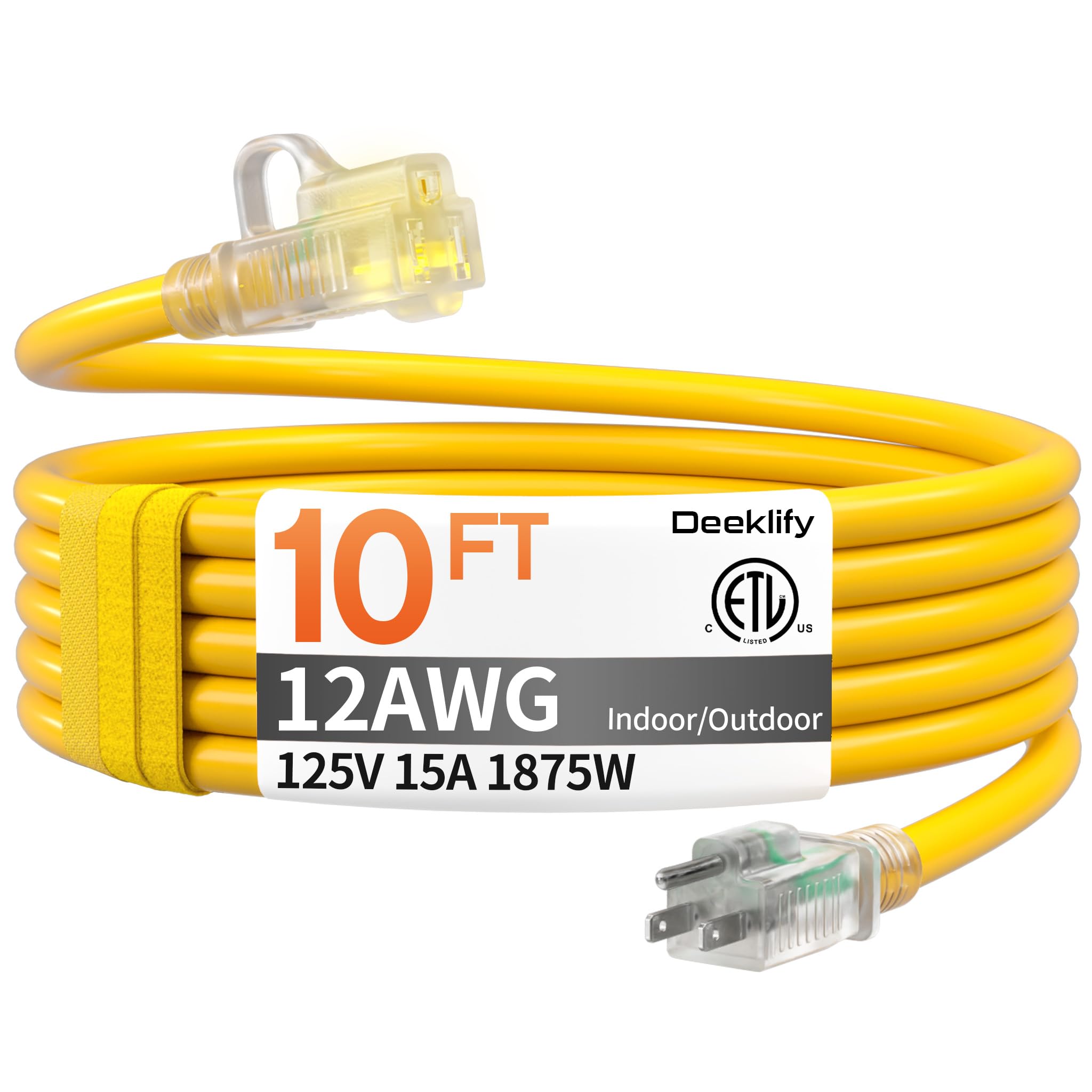 12awg 10 FT Heavy Duty Outdoor Extension Cord Waterproof with Lighted End, 12 Gauge Extension Cord Flexible and Cold Resistant 3 Prong Grounded Plug,