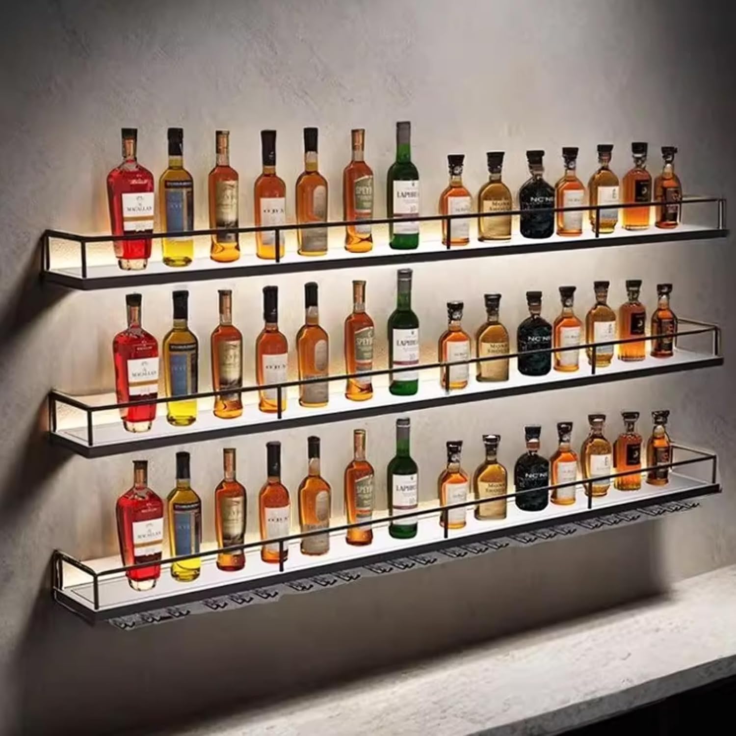 Wall Cabinet with Doors and Shelves, Kitchen Wall Cabinets Storage, Wall Mount Cabinets with LED Light, Wall Cabinets for Kitchen Bar Restaurant, Wall Mounted Cabinets for Home Bar,GoldWithHook-120/4