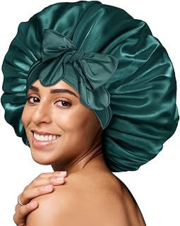 BONNET QUEEN Satin Silk Sleep Cap Adjustable Women Men Bonnets Night Hair Care Protector Hair Cover for Curly Long Hair Smooth Breathable (L, Dark Green), Green