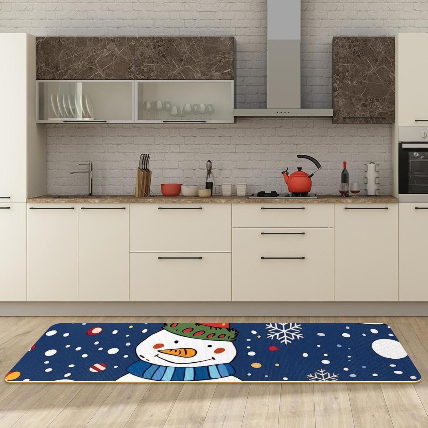 Merry Christmas Snowman Bell 2 Piece Kitchen Rugs and Mats, Kitchen Floor Runners Non Slip Washable, Indoor Door Standing Mat Pads for Sink, 15.7"x29.5"+15.7"x59"