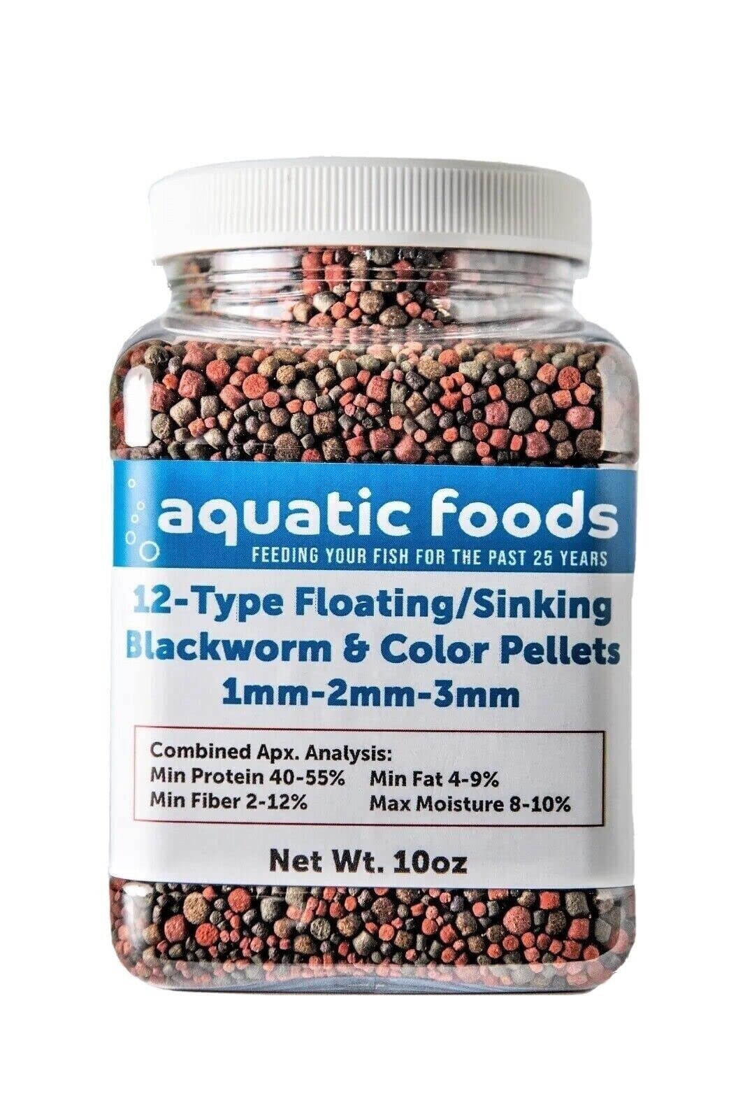 12-Type Floating & Sinking Blackworm & Intense Coloring 1mm, 2mm, 3mm Pellets for Discus, Cichlids, All Tropicals, Koi and Pond Fish...10oz Small Jar