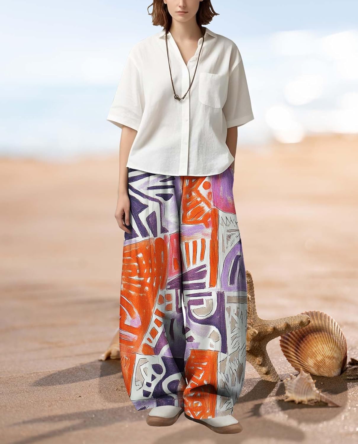 Womens Boho Floral Printed Pants Elastic Waist Wide Leg Casual Trousers Loose Fit Pant with Pockets for 2025 Summer - Image 5