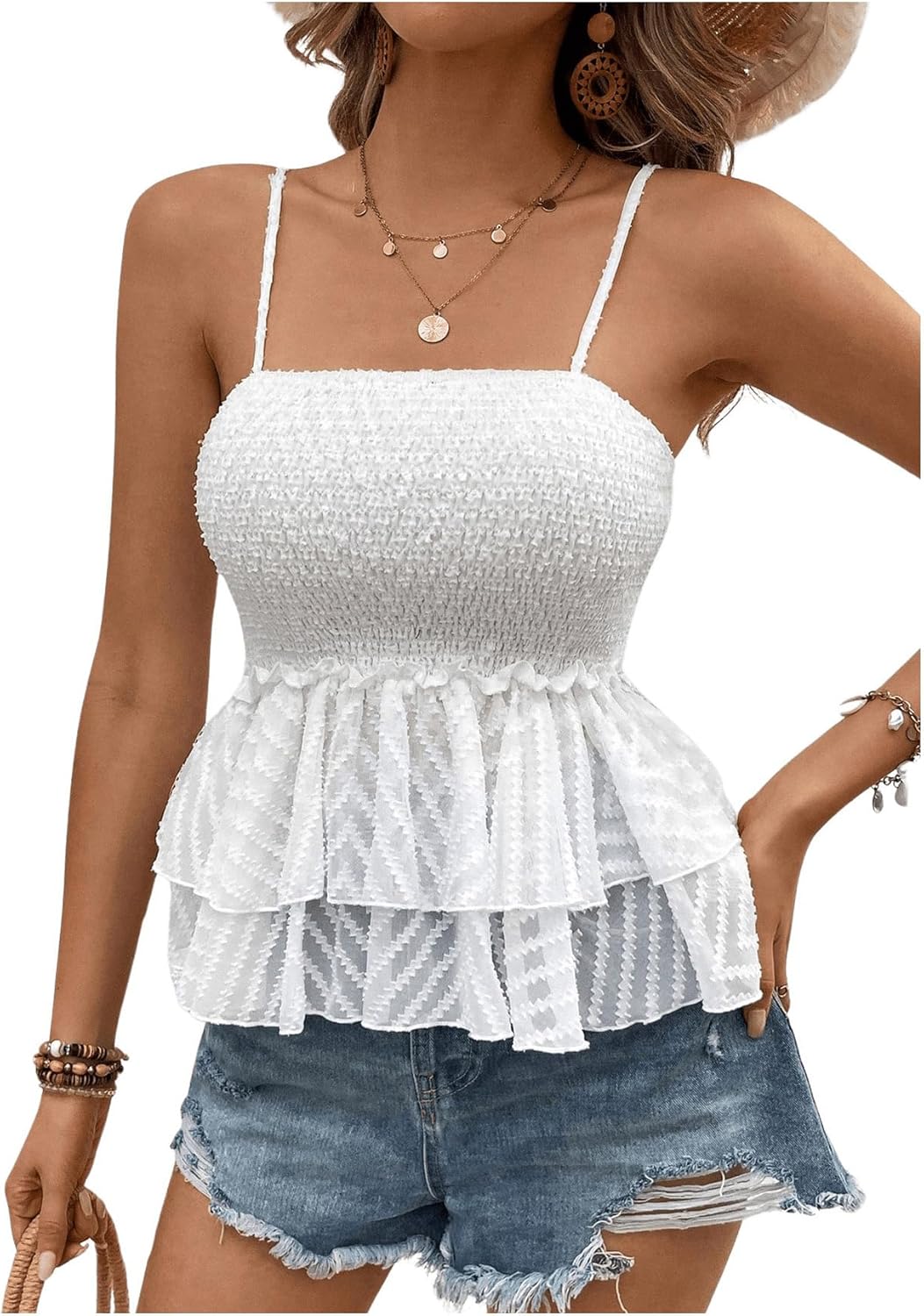 GORGLITTER Women's Babydoll Peplum Tank Tops Smocked Y2K Tiered Spaghetti Strap Ruffle Flowy Camisole