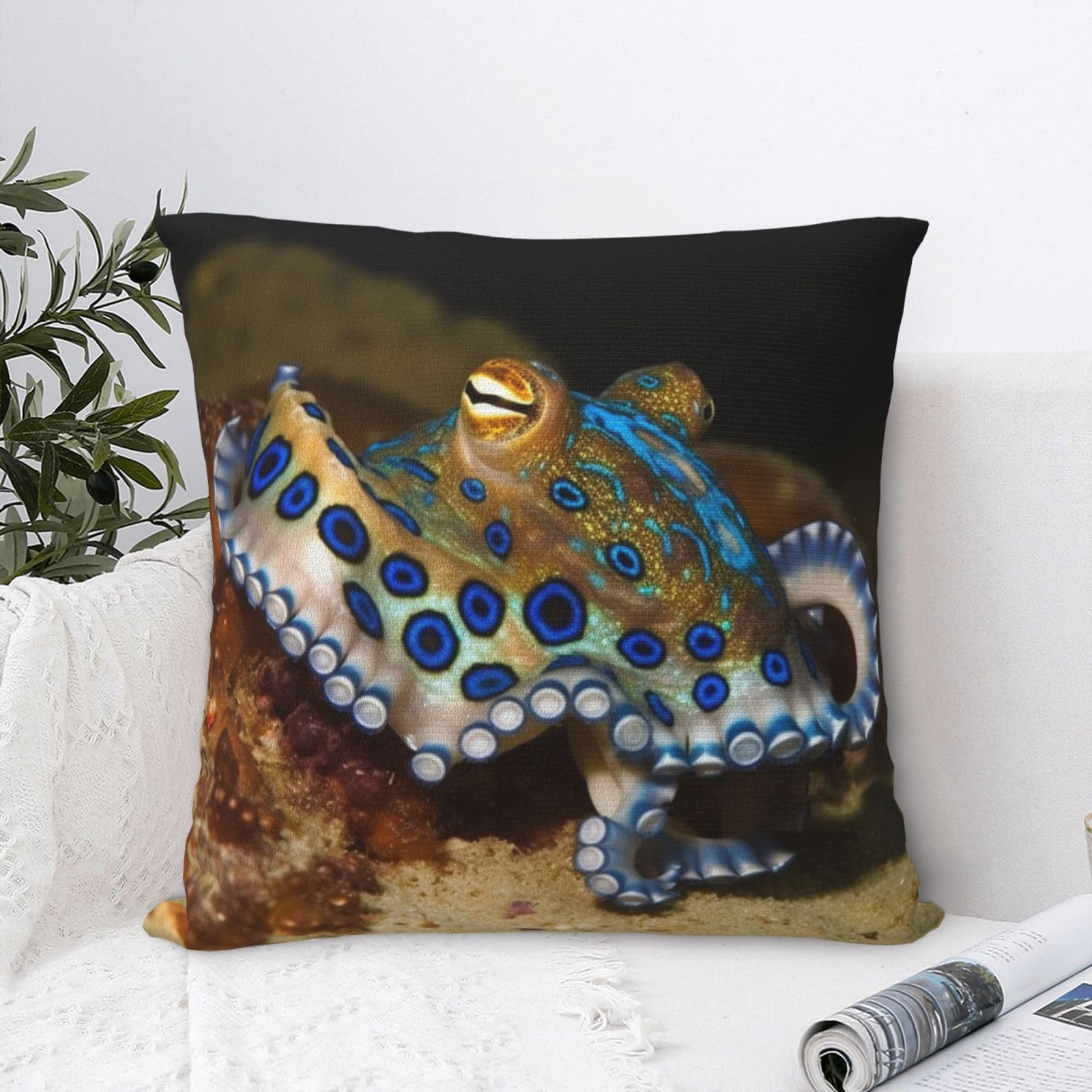 FodPand Luxury Velvet Throw Pillow Covers 18"x18" Super Soft Decorative Pillow Cases - Blue Ring Octopus Pillowcases Modern Lumbar Cushion Cases for Couch Sofa Bed Pillow Shams