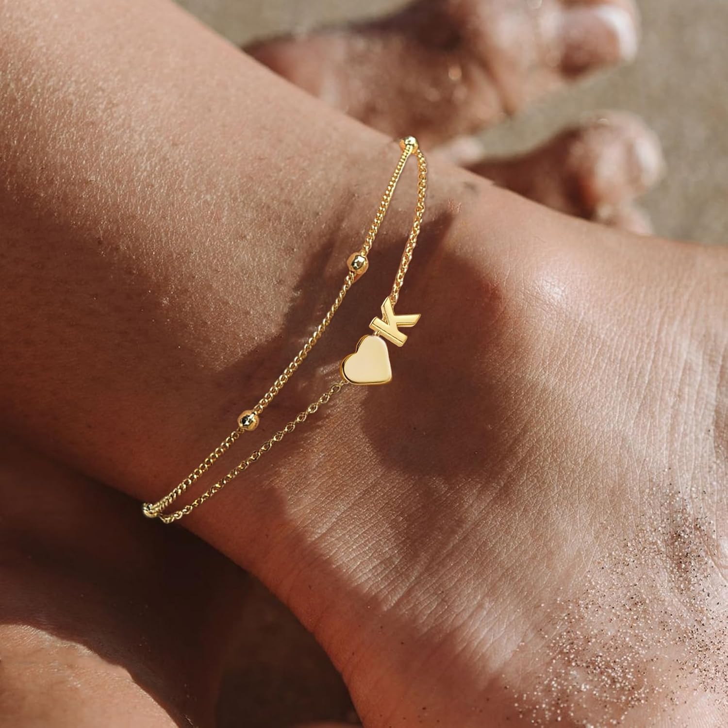 Gold Initial Ankle Bracelets for Women Waterproof 14K Gold Plated A-Z Heart Anklets for Women Layered Women's Anklets Plus Size Ankle Bracelet Summer Beach Jewelry - Image 7