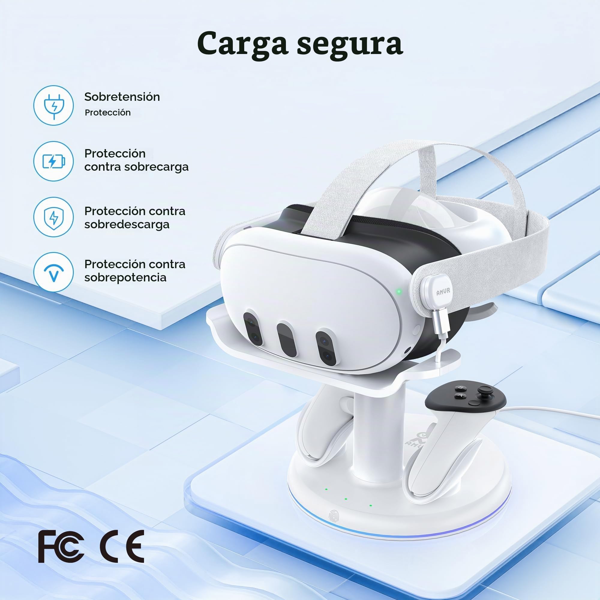 AMVR Estación de Carga Magnética para Meta Quest 3/3S | Soporte VR RGB, 2 Baterías de Mando, Protección de Sobrecarga, Ahorro de Espacio, Sin Adaptador
