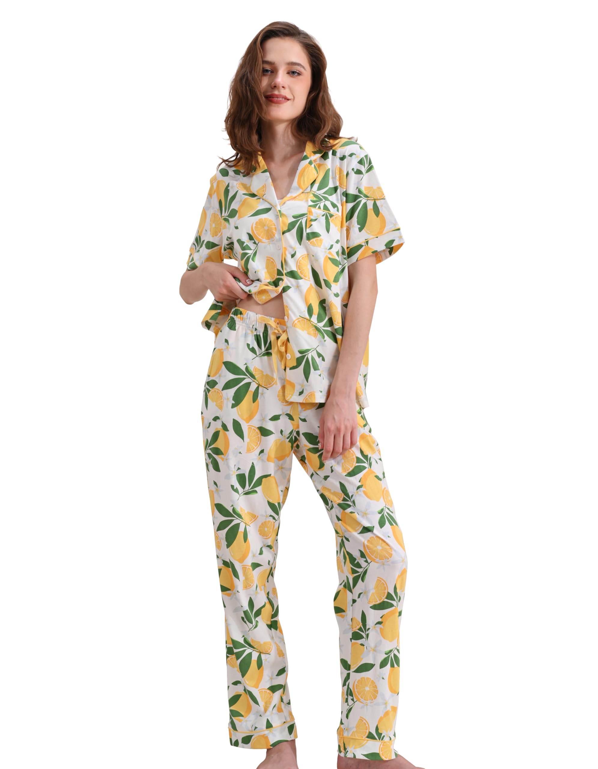 NAP BOUND 100% Cotton Women's Pajama Sets Short Sleeve Button Down Soft Pjs 2 Piece Lounge Set with Pocket Nightwear XS-XXL