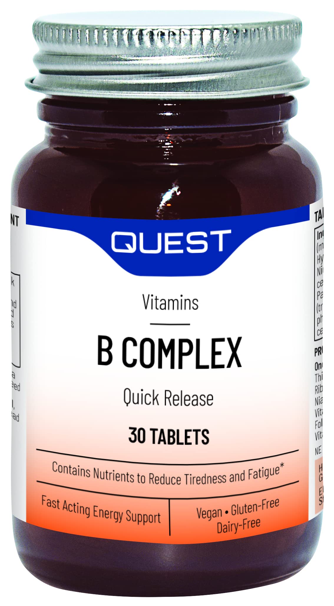Quest Vitamin B Complex - Quick Release Formula to Reduce Tiredness & Fatigue. Full Spectrum of B Vitamins: Thiamin B1, Riboflavin B2, Niacin B3, Vitamin B6 & Vitamin B12 (30 Tablets)
