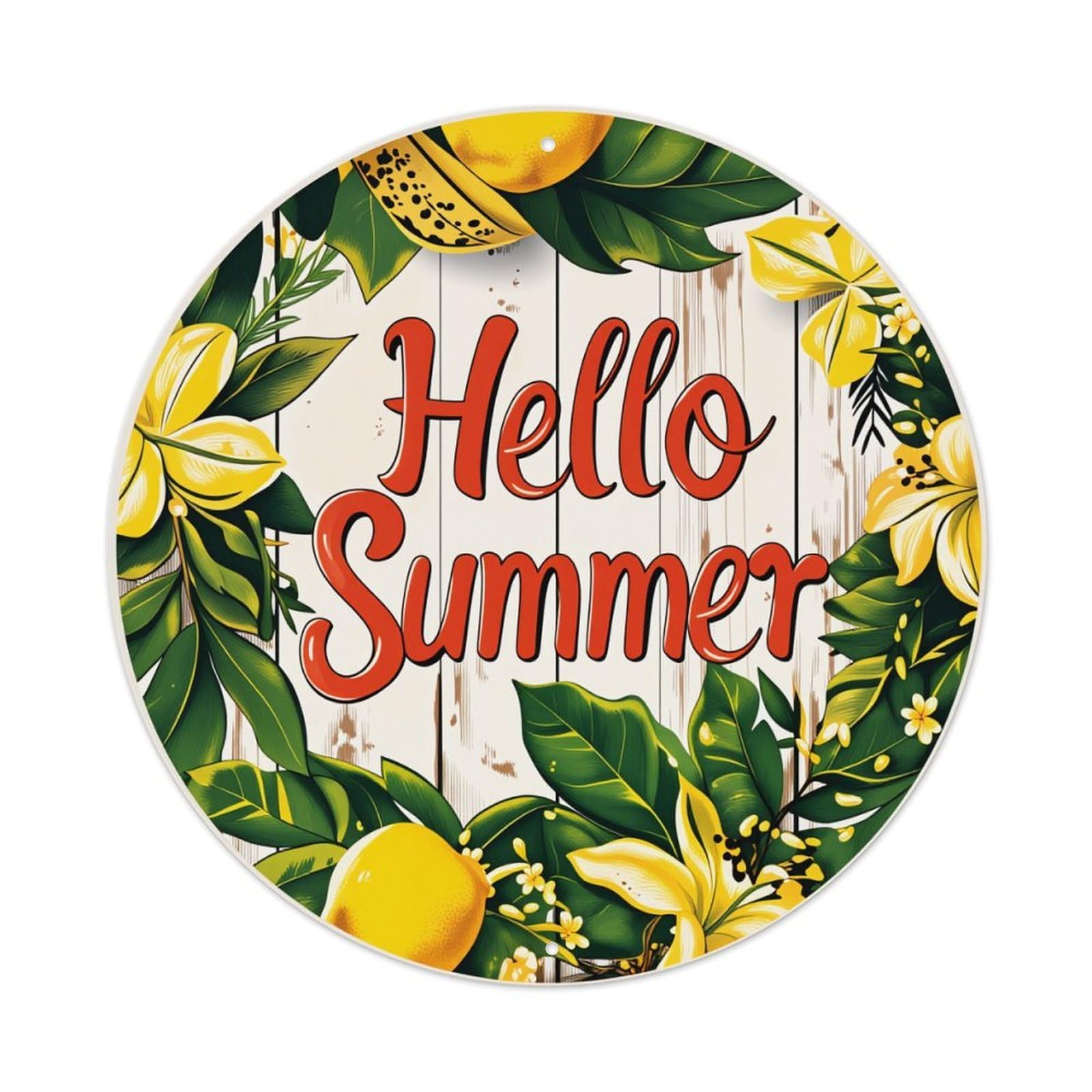 Hello Summer Lemon Floral Wreath Pattern Round Vintage Tin Sign,Retro Wall Art,Metal Poster for Home, Bar, Garage, Cafe, Rustic Indoor & Outdoor Decor, 8x8 Inches